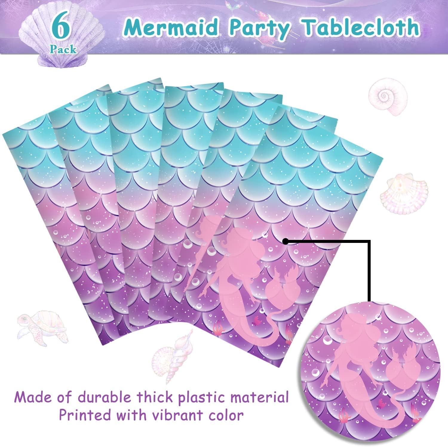 Jectivs 6Pcs Mermaid Birthday Party Tablecloth Decorations,Disposable Plastic Table Cover for Princess under the Sea Baby Shower Themed Kids Birthday Party Supplies,108X54 Inch image number 5
