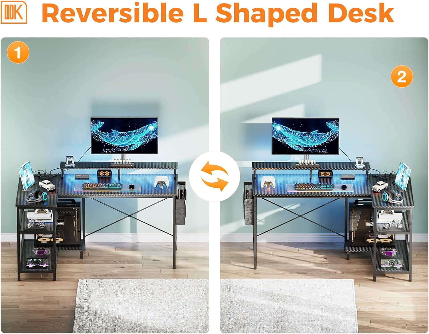 ODK Gaming Desk with Power Outlet&10 Color LED Light Strip, 120 * 80 * 87.7Cm, L Shaped Desk with Storage Bag and 2 Shelves, Computer Table with Monitor Stand, Carbon Black Fiber