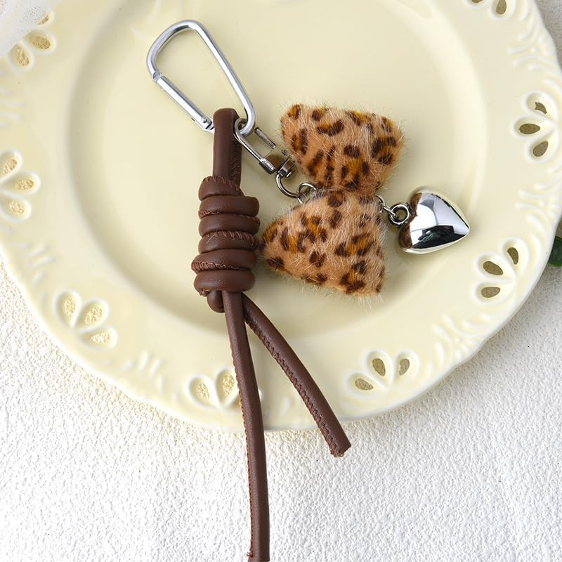 Leopard Bow Keychain Accessories Y2K Heart Bag Charms for Handbags Tote Bag Fluffy Bow Charms for Purse Leopard Print Fuzzy Charms for Girls Women Vintage Y2K Silver Heart Keychains for Car Keys image number 3