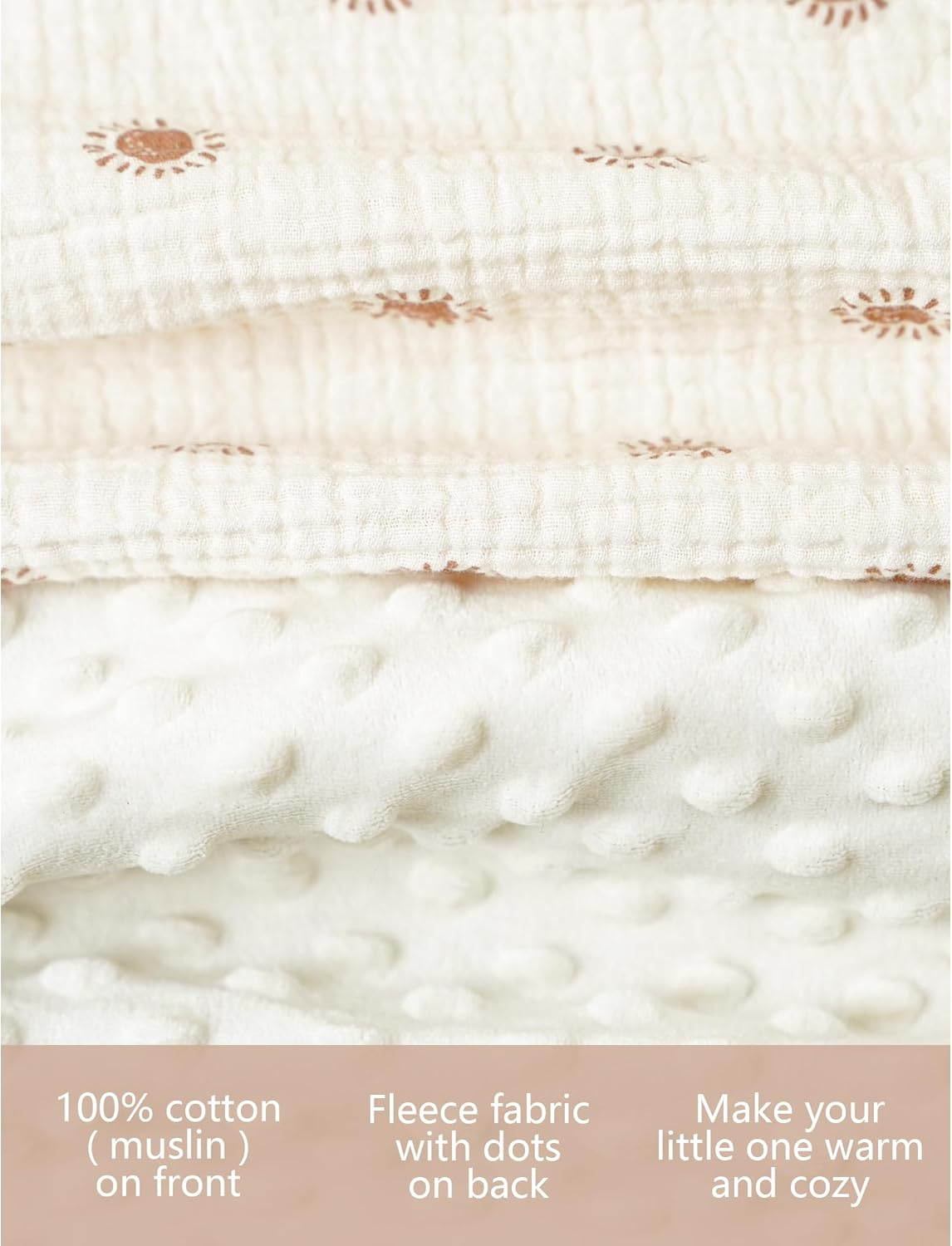 Konssy Baby Blankets for Unisex Boys Girls, Super Soft Nursery Minky Blankets with Muslin Cotton Front and Dotted Fleece Backing, Printed Bed Throws Newborn image number 1