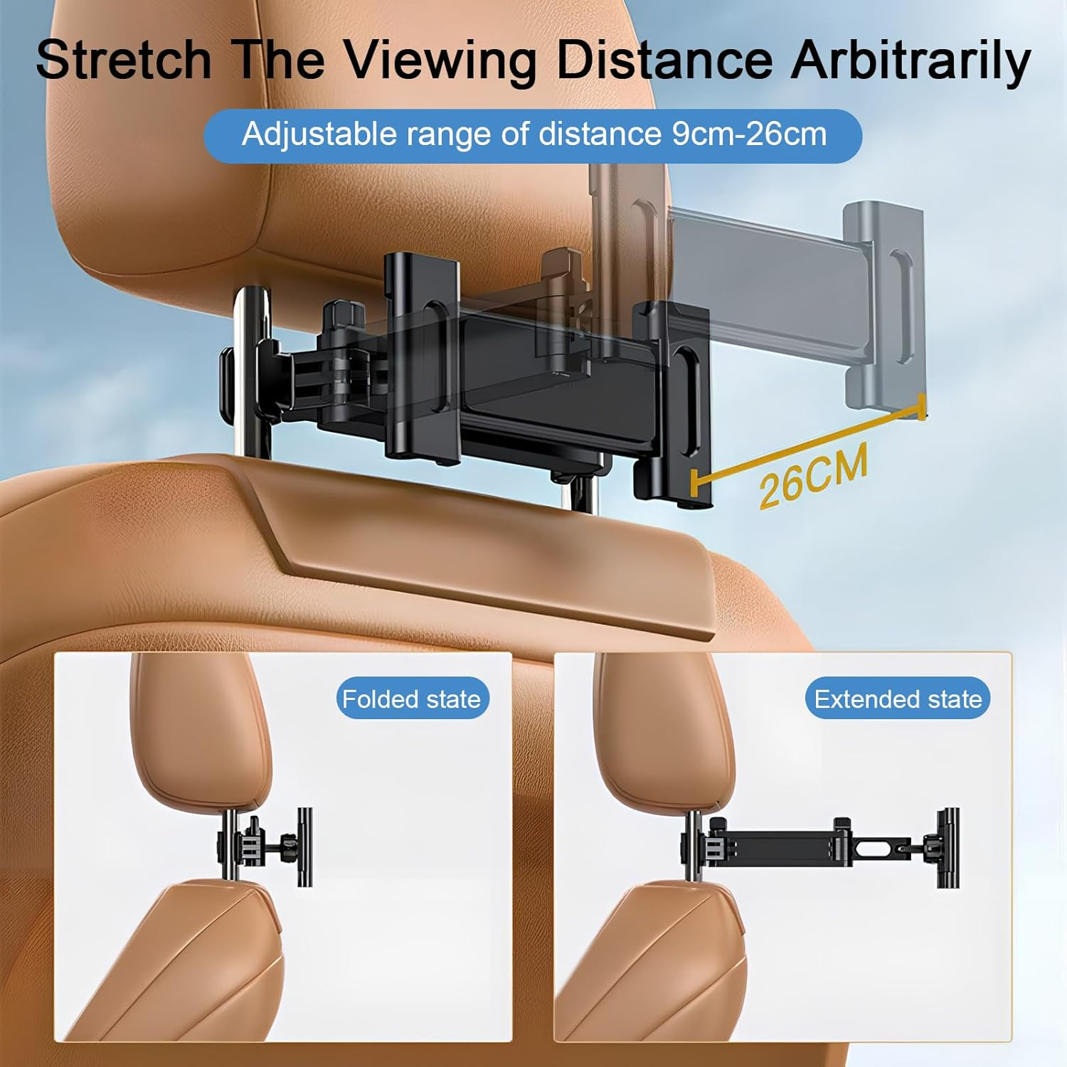 Car Headrest Tablet Holder, Car Backseat Tablet Mount, Adjustable Tablet Car Mount for Back Seat, 3 in 1 Extension Arm, Road Trip Essentials for 4.7-12.9" Tablet, Switch, Phone, Ipad