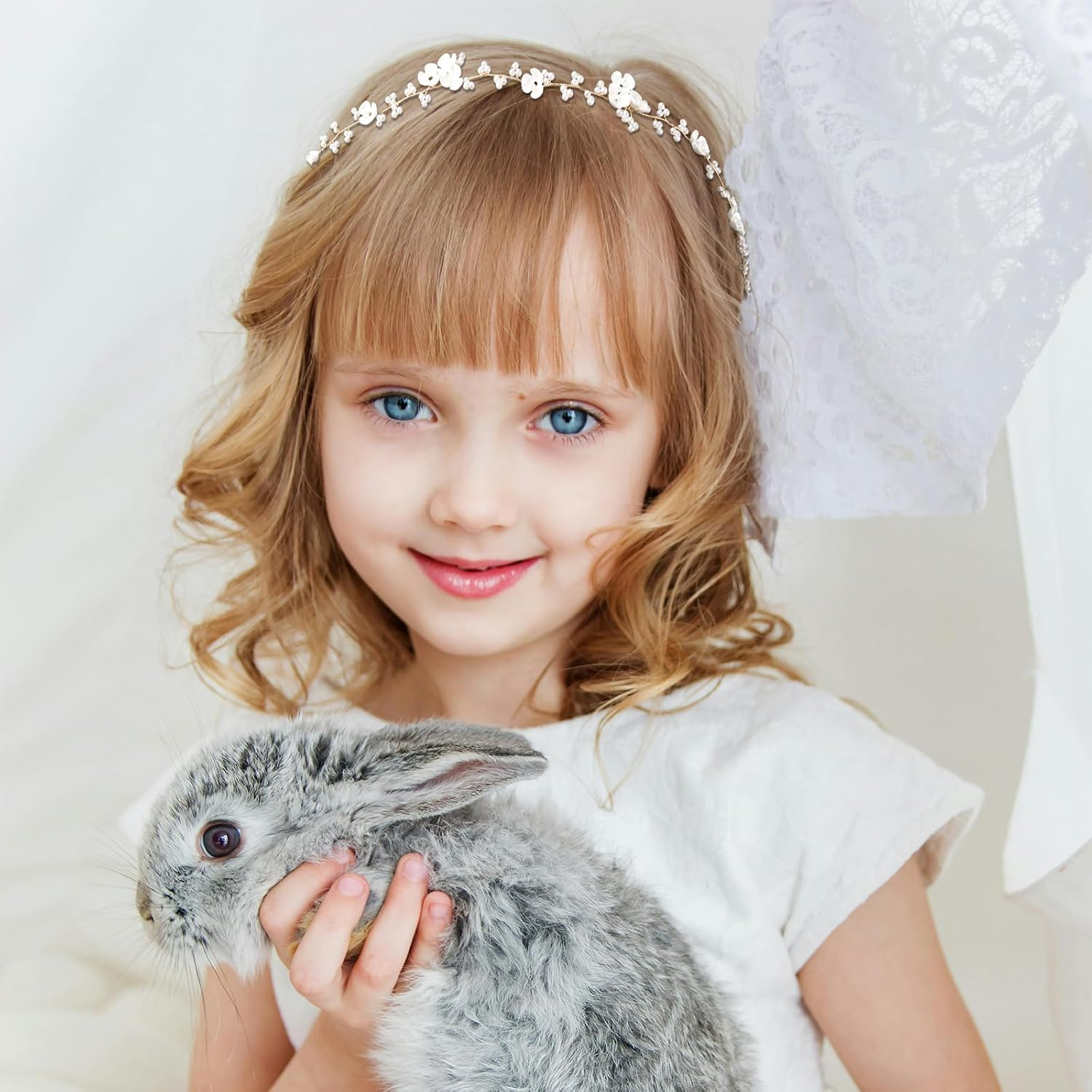 XIHIRCD First Communion Headpiece for Girls, White Princess Headband Flower Girl Headpiece Flower Girl Hair Accessory Pearl Girl Crown Wedding Party Hair Accessories for Women image number 6