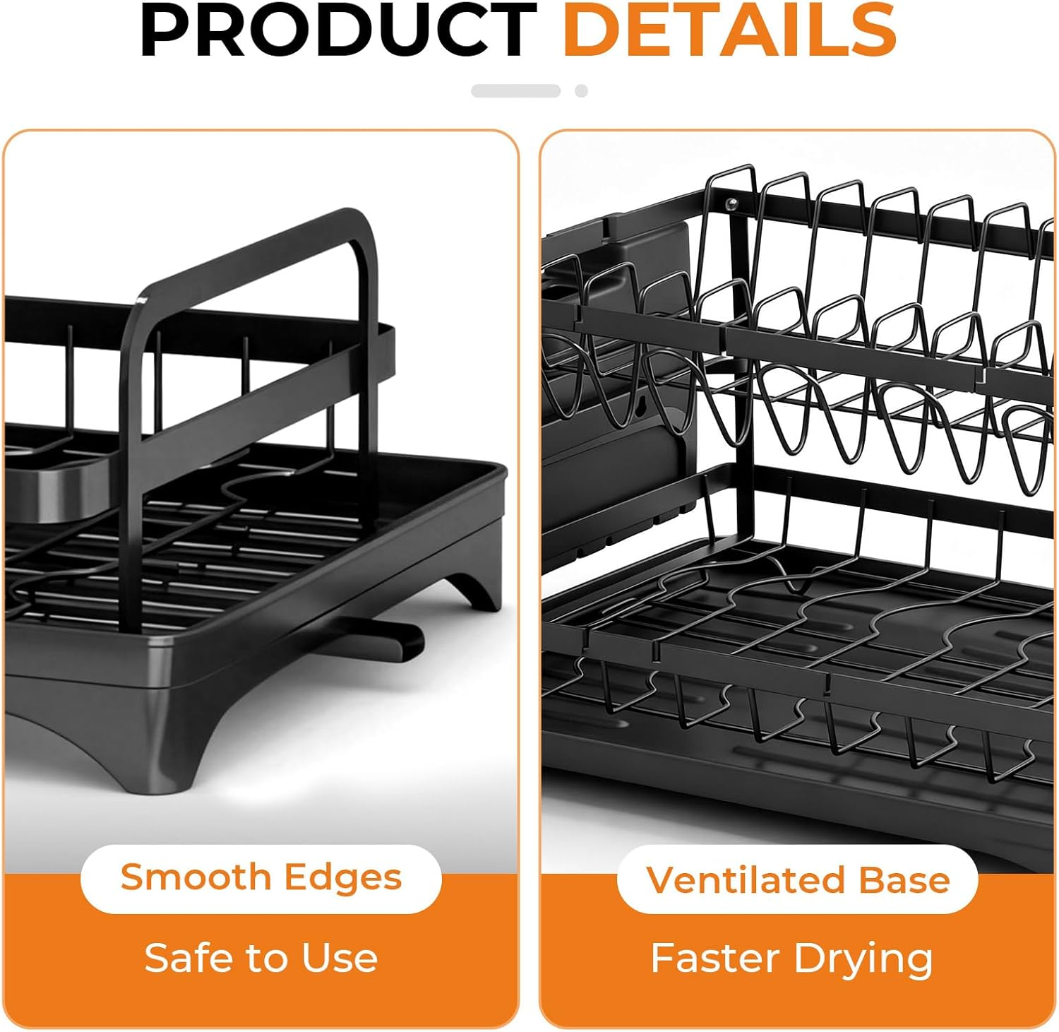 2 Tier Large Dish Drying Rack, Dish Drying Racks for Kitchen Counter Large Capacity Double-Layer Dish Drying Rack - with Knife/Utensil & Cutting Board Holder, Drainage Tray(Black) image number 3