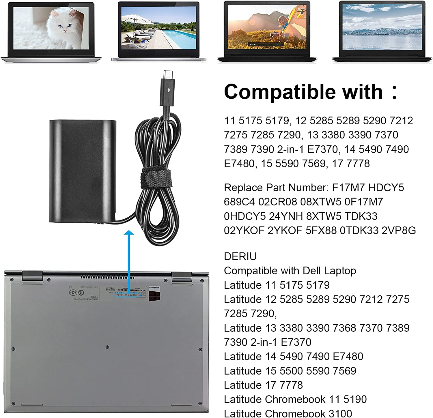 65W USB Type C AC Charger Fit for Dell Latitude 5175 5179 5280 5285 5289 5290 Type C Laptop Power Supply Adapter Cord image number 2