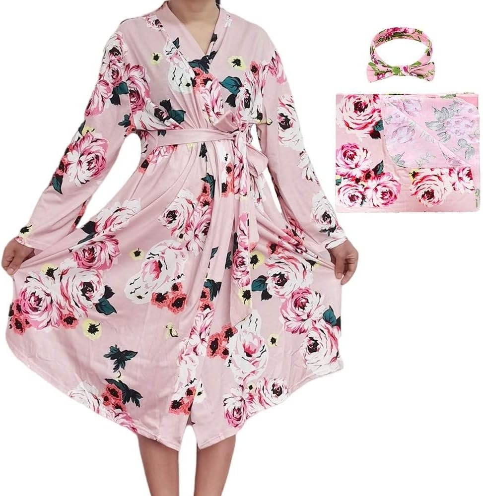 SUFEINI Maternity Robe and Matching Baby Swaddle Blanket Set, Mommy Robe with Receiving Blanket Girls Boys Sleepwear, A31-Green, Small