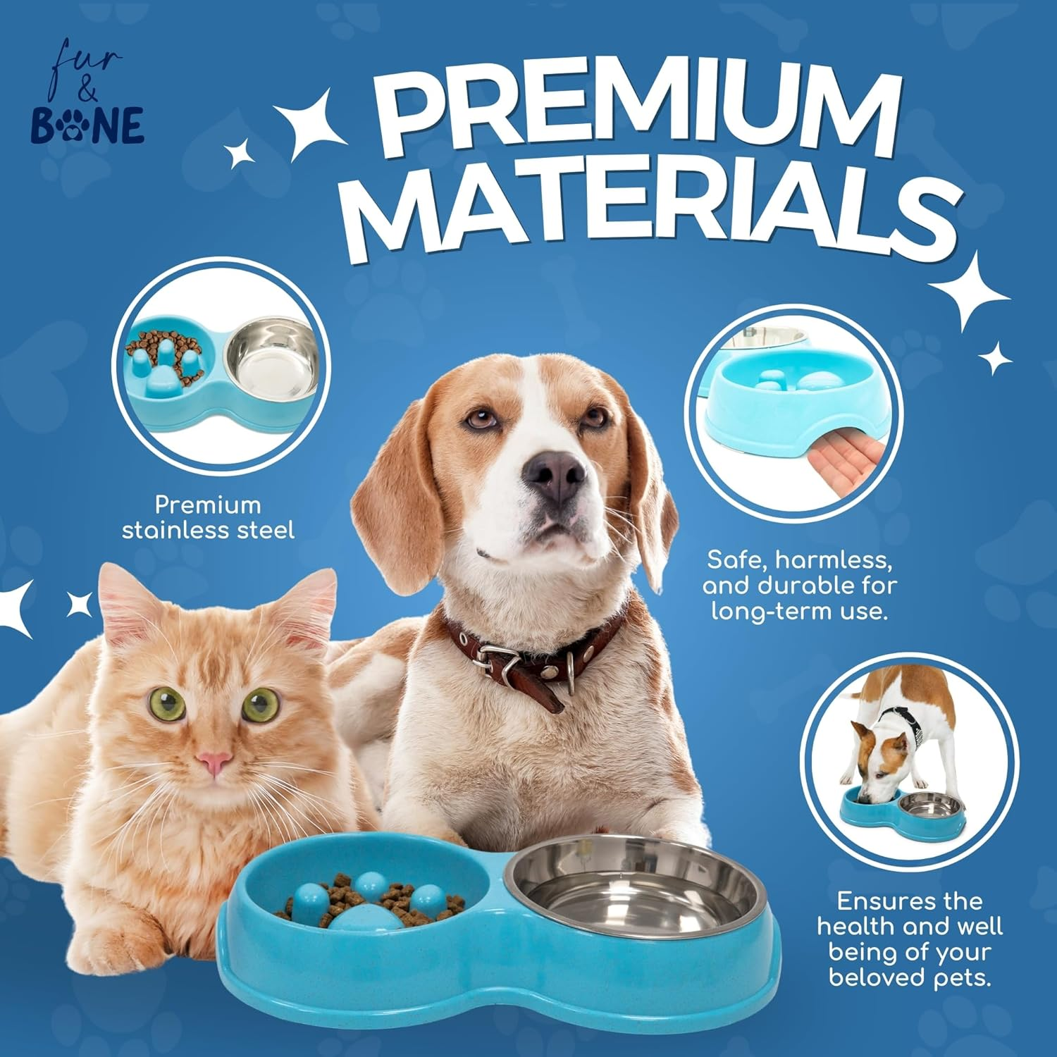 Fur & Bone Double Slow Feeder Dog Bowl | Raised Dog Bowl with Non-Slip Bottom | Dog Bowls | Dog Water Stainless Steel Bowl | Detachable Raised Cat (Blue) - Pink image number 4
