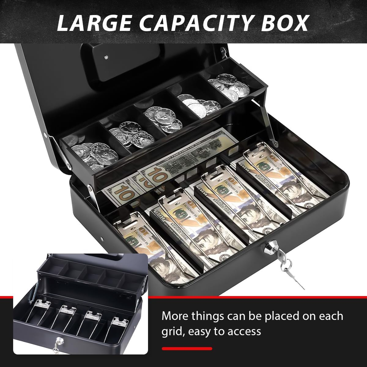 Cash Box with Keys and Security Lock, Large Money Box Cash Register,With 4 Trays for Bills and 5 Deposits for Coins, for Safe Cash Storage image number 3