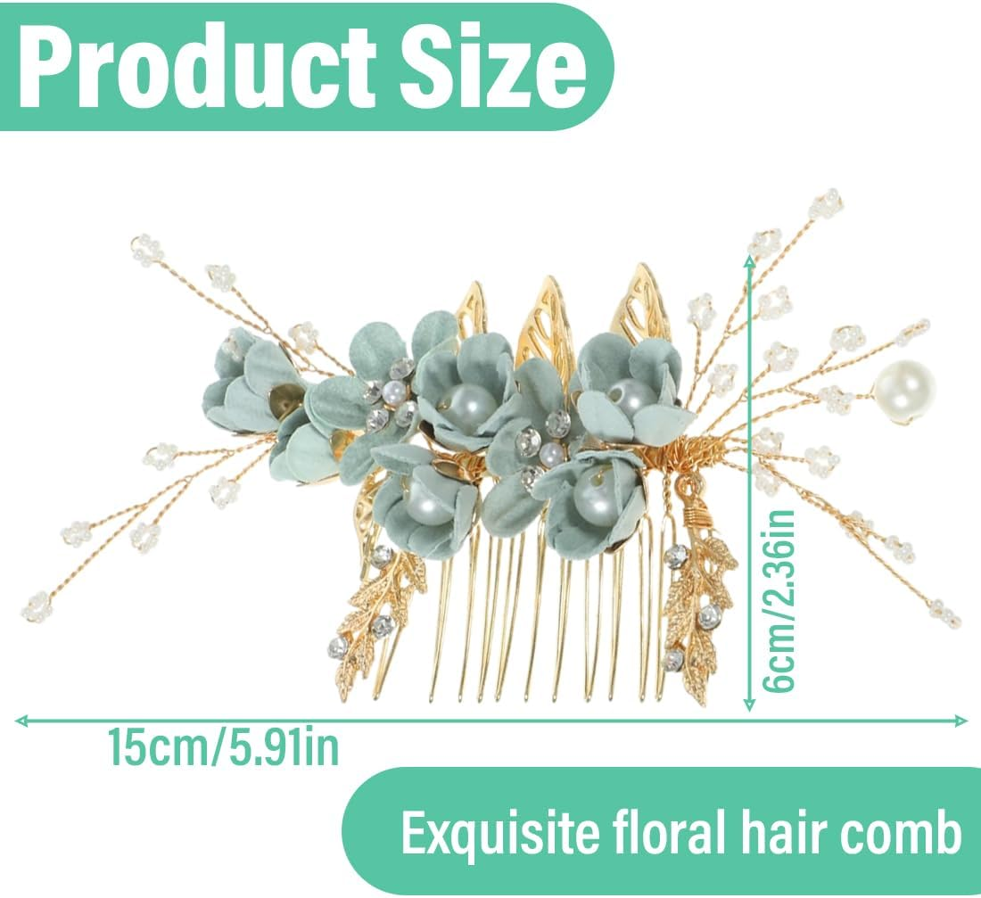 MIRKUZI Hair Combs 1 Piece Green Hair Comb Clip Green Hair Accessories Wedding Bridal Hair Comb with Flowers and Crystals Elegant Headpiece for Brides and Special Occasions image number 4