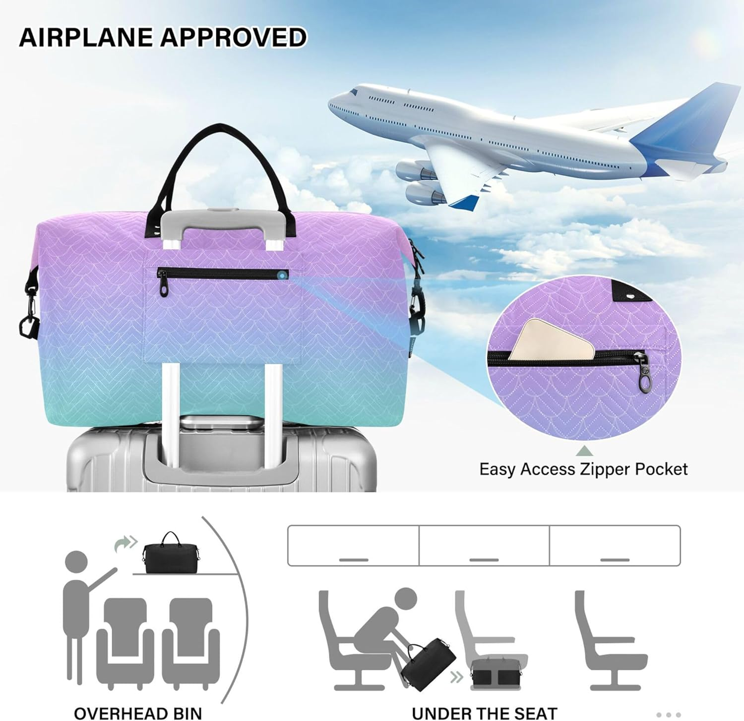 Luggage Travel Bag Sports Duffel Bags Overnight Bag with Toiletry Bag for Gym Foldable Mermaid Blue Purple, Multi, 1 Size, Modern/Fitted, Multi, 1 Size, Modern/Fitted image number 2
