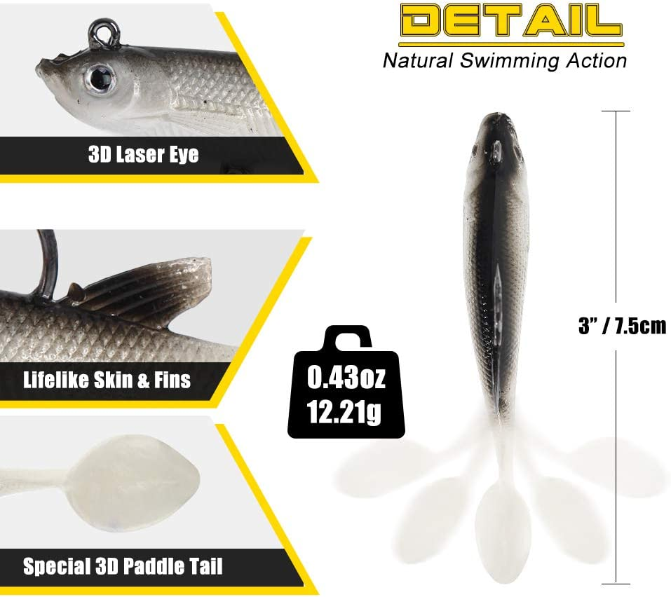 Soft Fishing Lures Pre-Rigged Soft Plastic Lures 10 Pack Jighead Swimbait for Bass Trout Pike