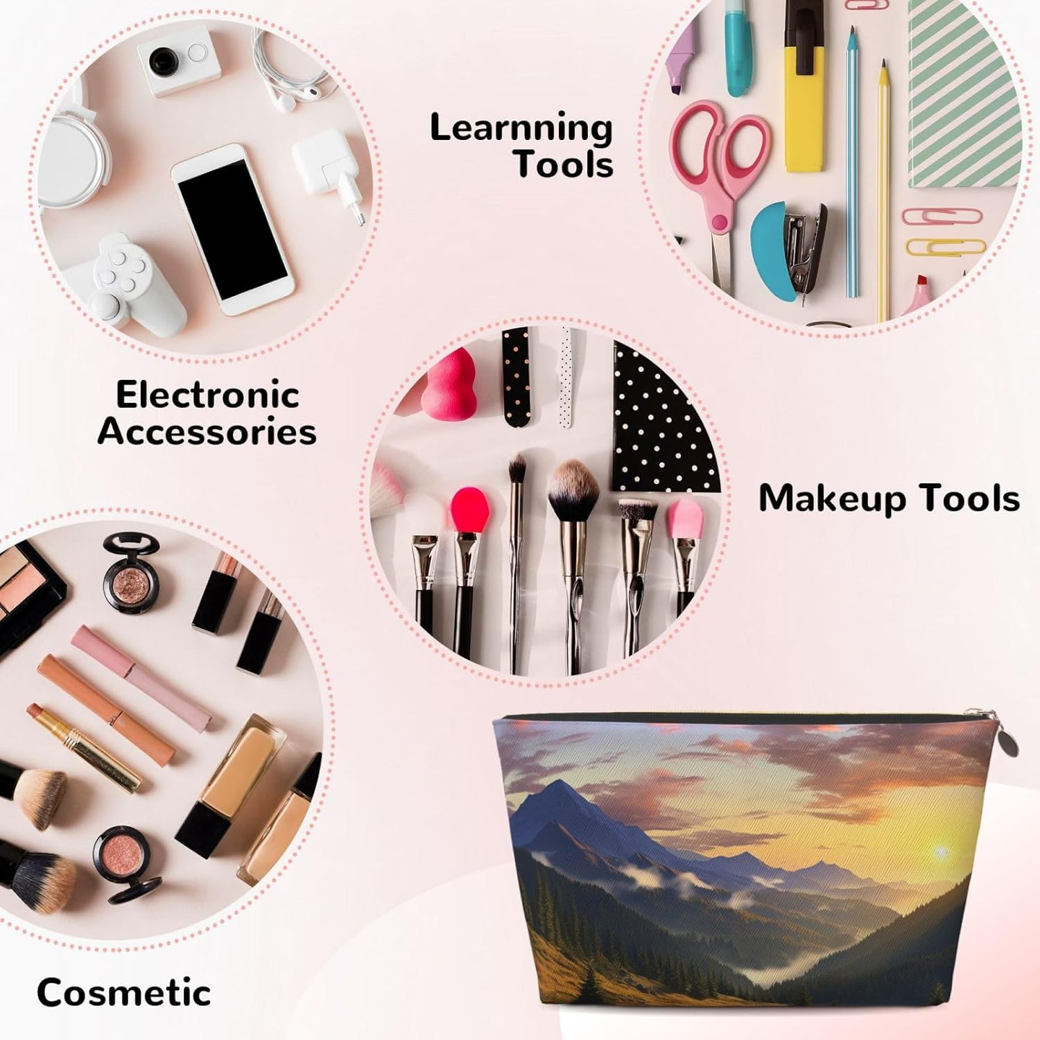 SDTYKHJ Large Capacity Makeup Bag for Women, Waterproof Portable Shaving Bag, Small Toiletry Bag Mountain Sunset Landscape Leather Cosmetic Organizer Bags for Travel, Gold, One Size image number 2