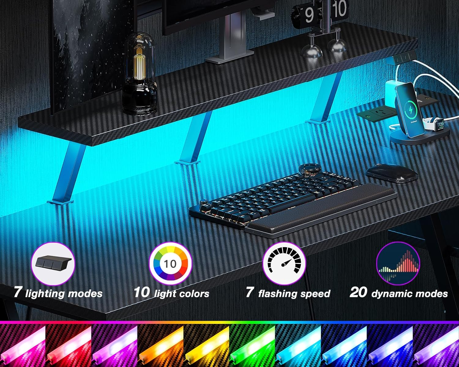 ODK L Shaped Gaming Desk with LED Lights& Power Outlets, Gaming Table with Monitor Stand, Corner Gaming Desk with Storage&Hook,Modern Simple Computer PC Desks, 120 * 70 * 92.8Cm, Carbon Fiber Black image number 6