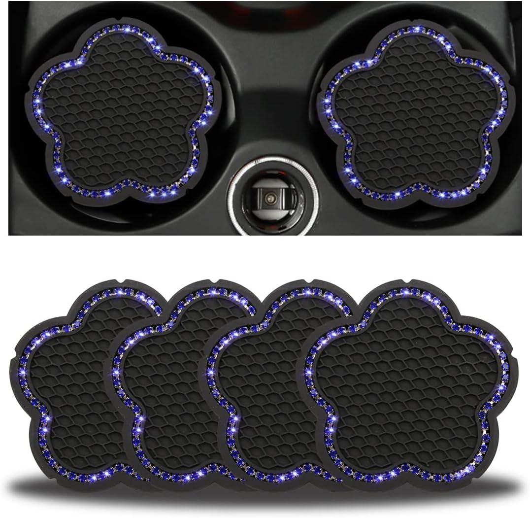 BELOMI 4PCS Bling Car Cup Holder Coaster, 2.75 Inch Crystal Anti-Slip Vehicle Cup Holder Insert Coaster, Rhinestone Cute Plum Blossom Pattern Auto Drink Mat, Universal for Women Girls(Pink)
