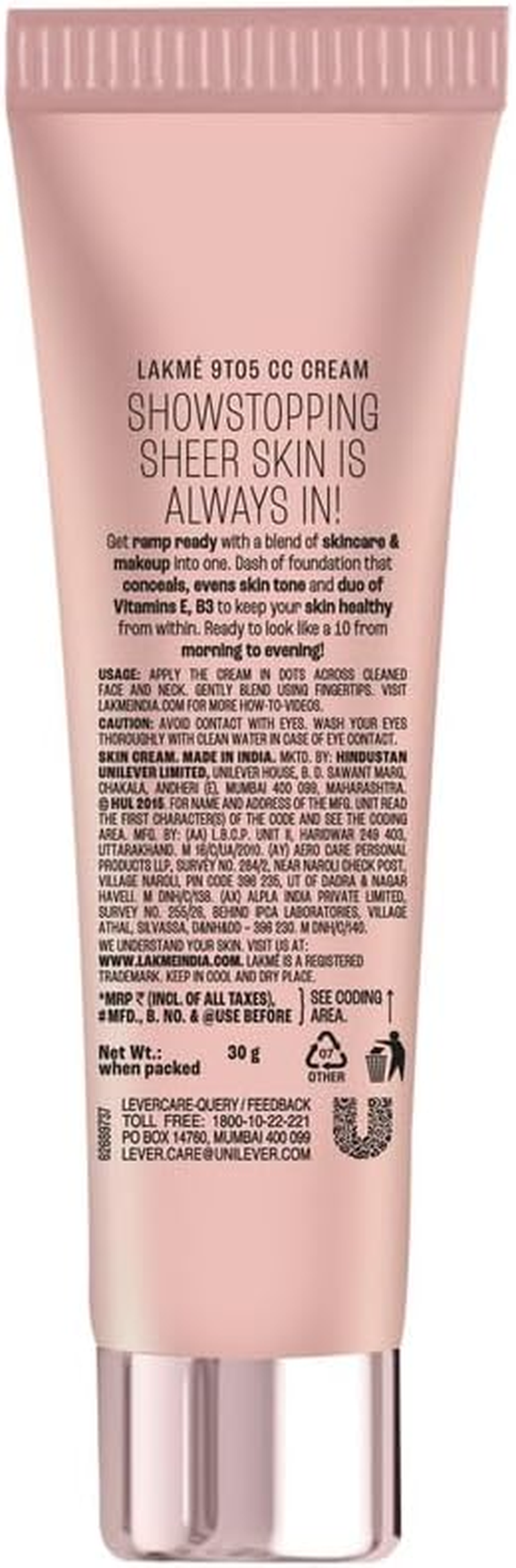 Lakme 9 to 5 Complexion Care CC Cream, Honey, 30G image number 3