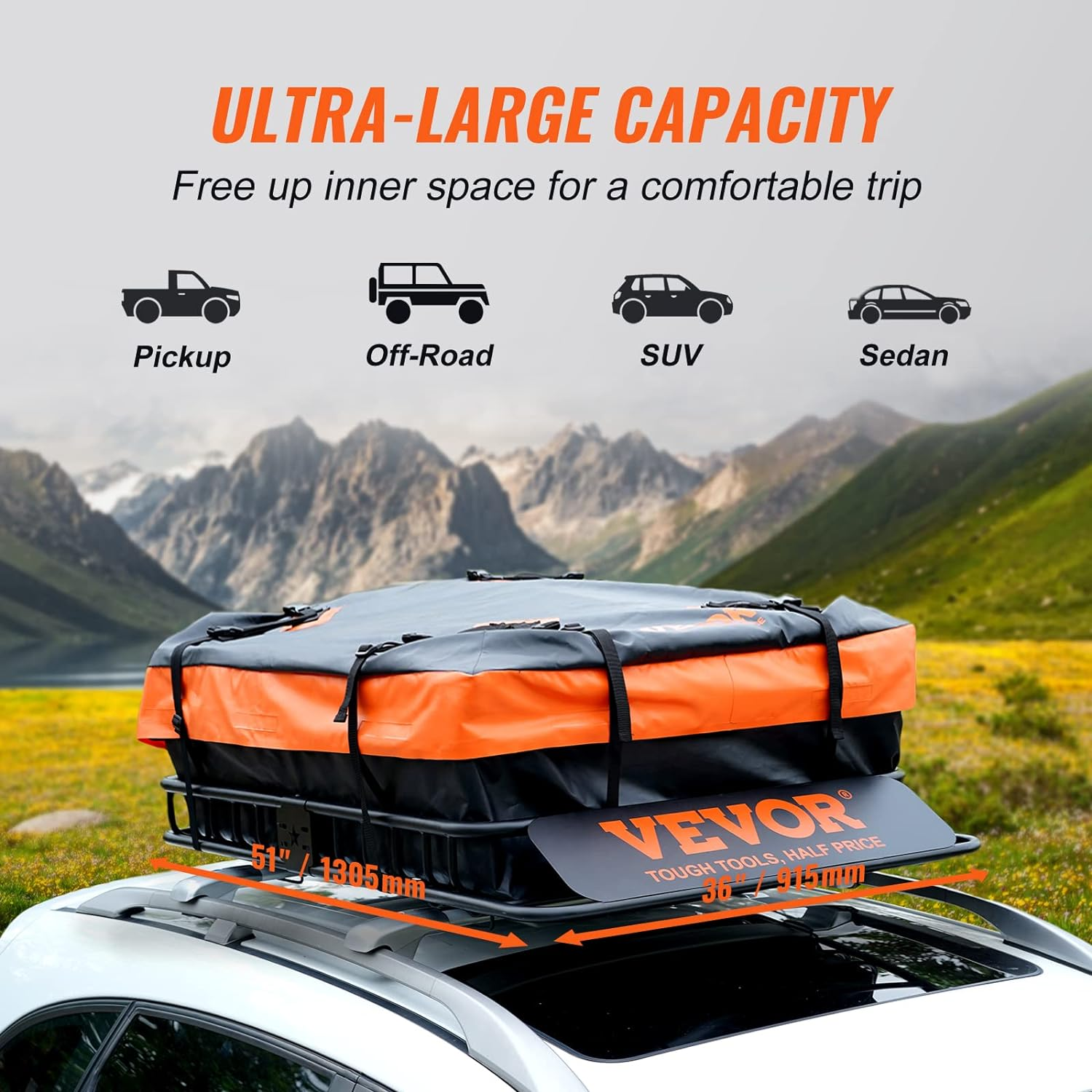 VEVOR Roof Rack Cargo Basket,130 X 91Cm Rooftop Cargo Carrier W/ 15 Cu Ft Waterproof Cargo Bag, 90 KG Capacity Universal Rack Carrier for SUV, Truck image number 3