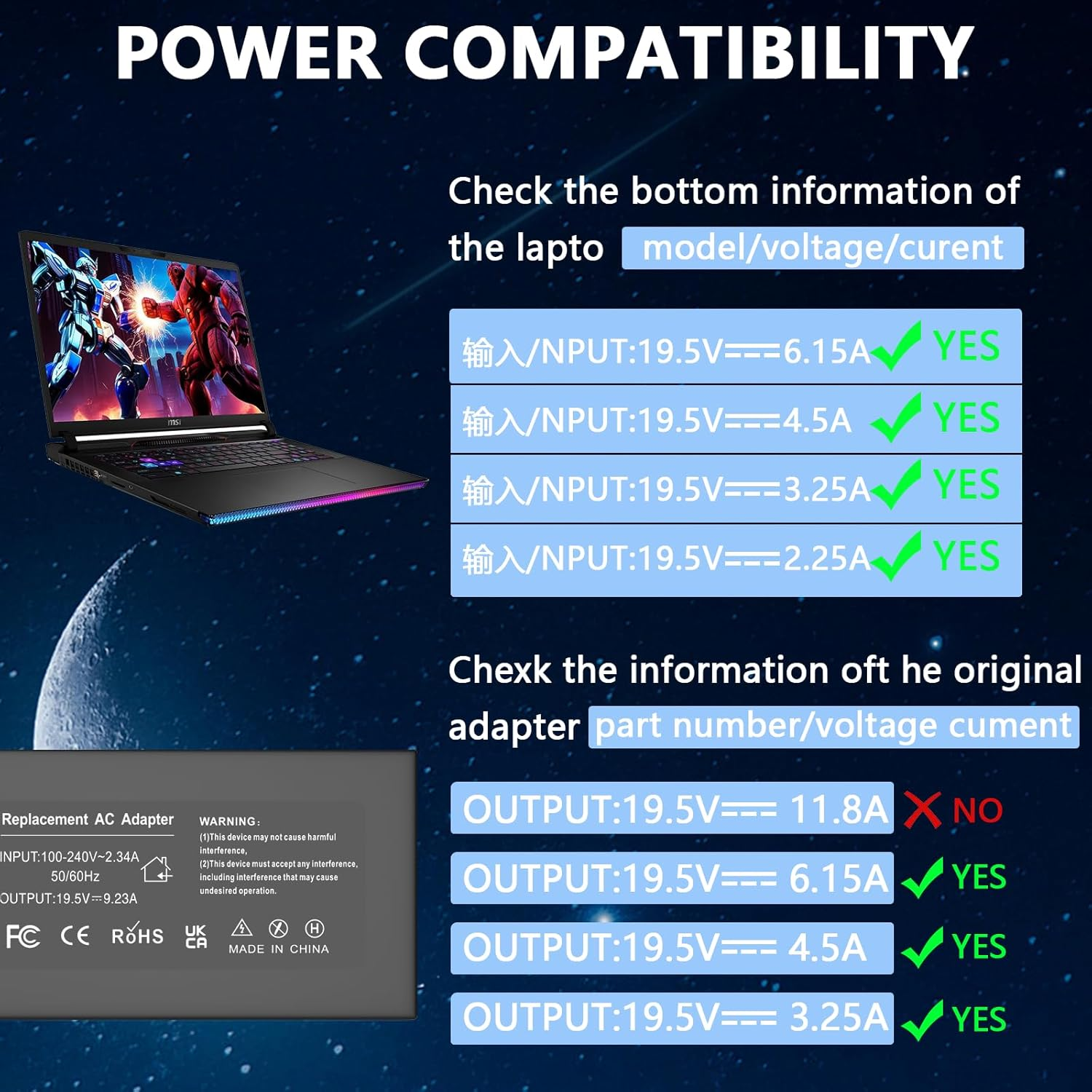 120W Laptop Charger Compatible with MSI GF63 GV15 Gv15-Thin-11Sc GF63 Thin 10 11 12Th Intel Core Laptop MS-16R5 MS-16R6 MS-16R7 ADP-120VH D A17-120P2A Gaming Laptop Charger(For 4.5 * 3.0Mm Tip) image number 5