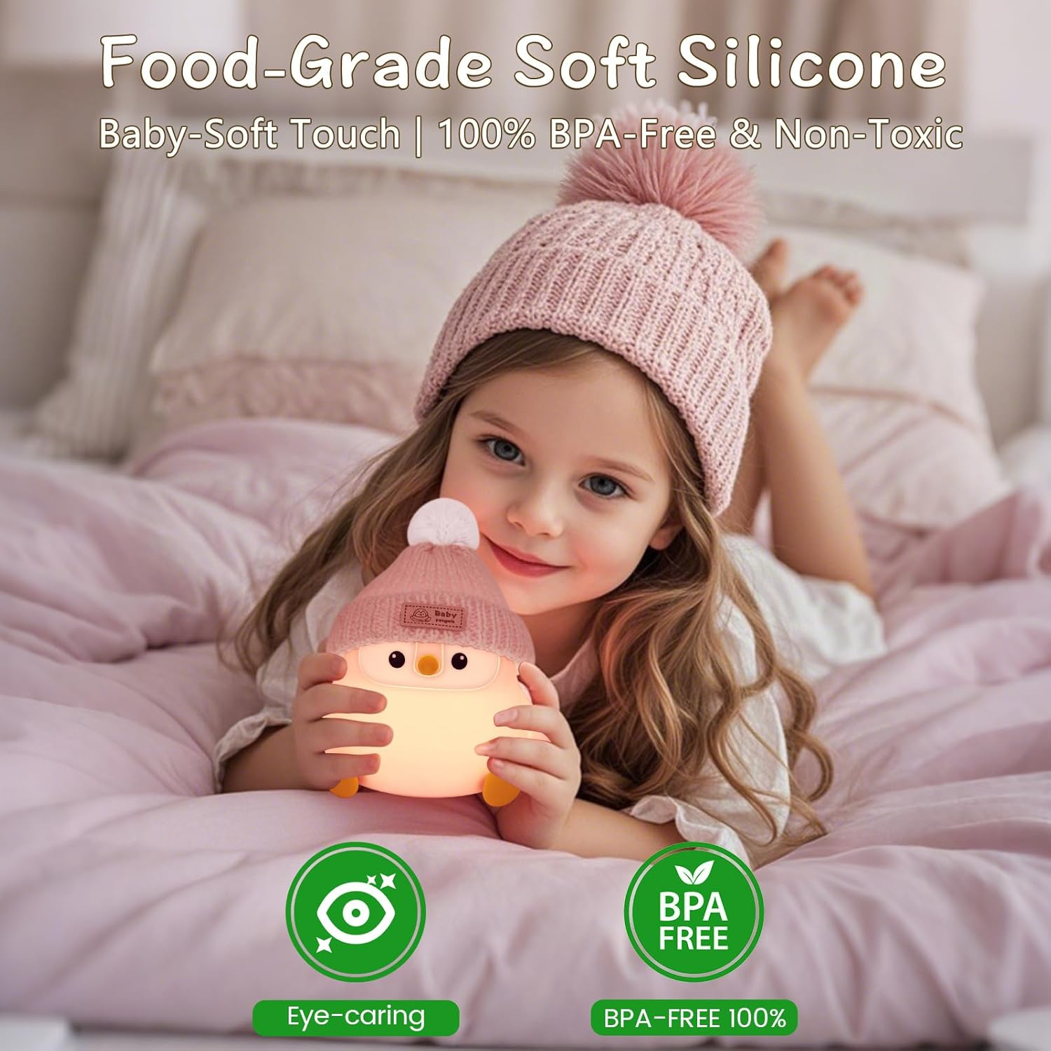 FAMIDUO Penguin Silicone Night Light, Cute Pink Penguin Lamp with Knitted Hat, Soft Nursery Nightlight, USB Rechargeable/Dimmable,Led Squishy Novelty Animal Bedside Lamp,Funny Gifts for Kids/Girls image number 4