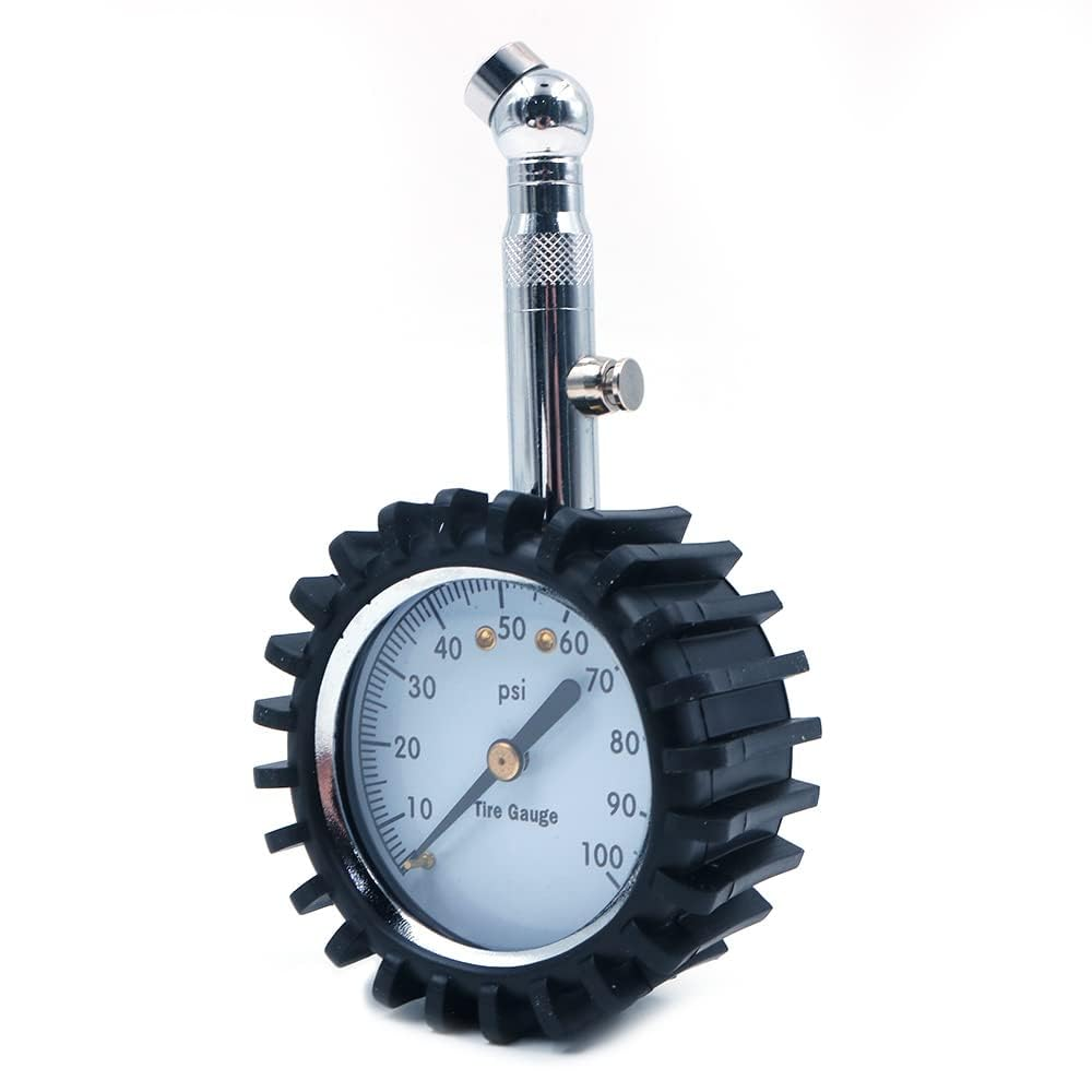 Tyre Pressur Gauge 2" Dial 360 Degree Rotation Heavy Duty Car & Motorbike with Chucks -100 PSI, Compact Size Light Weight Discharge Valve Silver Colour image number 2