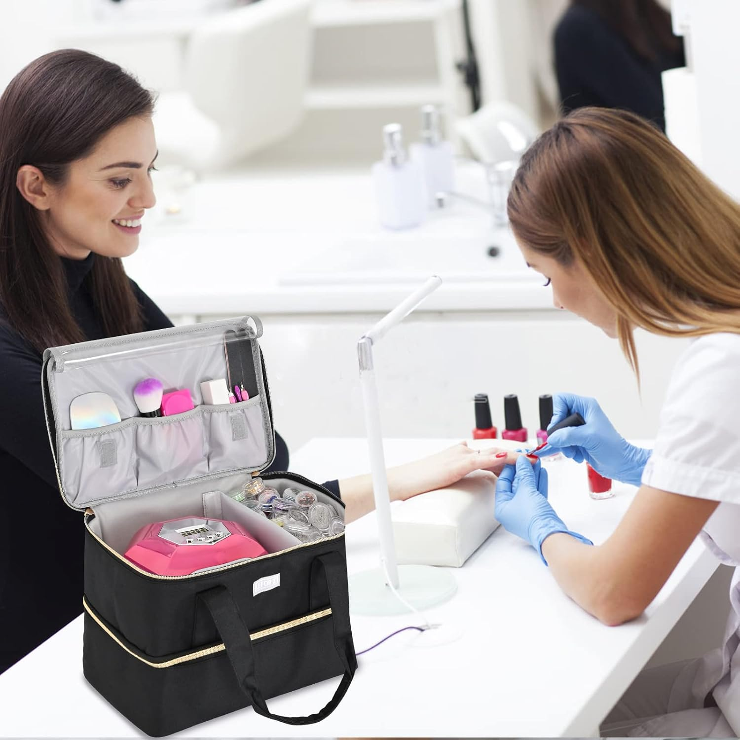 LEFOR&middot;Z Nail Polish Storage Bag, Double Layer Nail Polish Organiser for 40 Bottles (15 Ml - 0.5 Fl.Oz) and 1 LED Nail Lamp, Portable Nail Polish Carry Bag for Nail Design Accessories, Black, S（F&uuml;r 40 - Pink image number 3