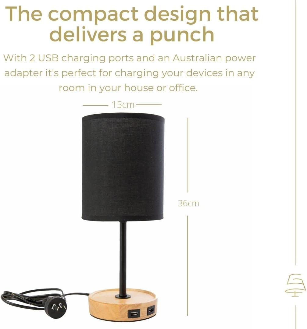 Bedside Lamp with 2 USB Ports and Touch Control. Modern Table Lamp, Desk Light. Wood Base and Fabric Shade for Living Room, Home Office, Bedroom, Hallway, Study and Kids Rooms (Black) image number 3