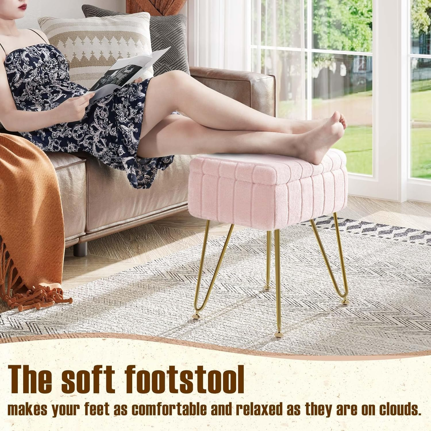 Homodoskey Vanity Stool Chair with Storage, Faux Fur Makeup Chair for Vanity, 15.7"L X 11.8"W X 19.4"H Soft Ottoman 4 Metal Legs with Anti-Slip Feet, Modern Multifunctional Chairs for Bedroom (Pink)