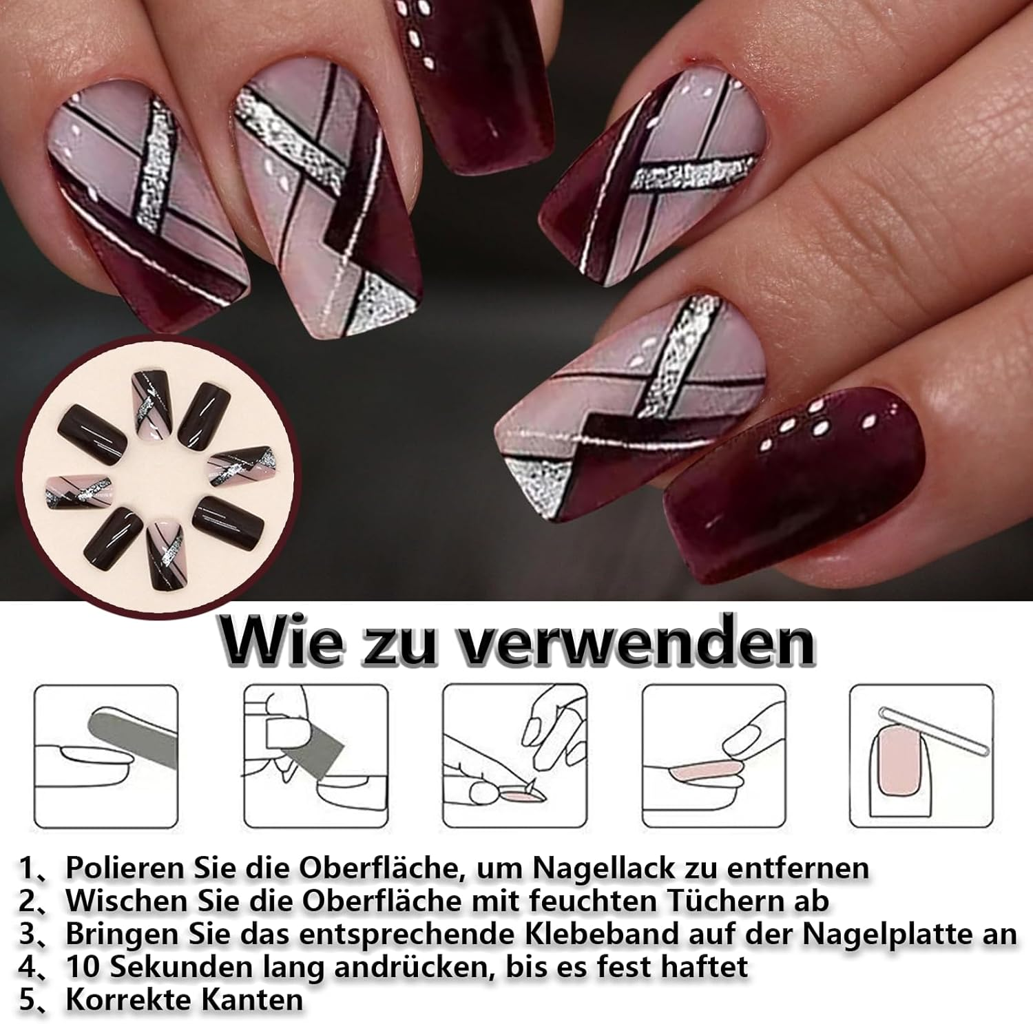 Whaleo 24 Pieces False Nails with Glue Stickers Press on Nails Press on Gel False Nails Gel False Nails Adhesive False Nails for Women Girls - Dark Red Lines image number 6