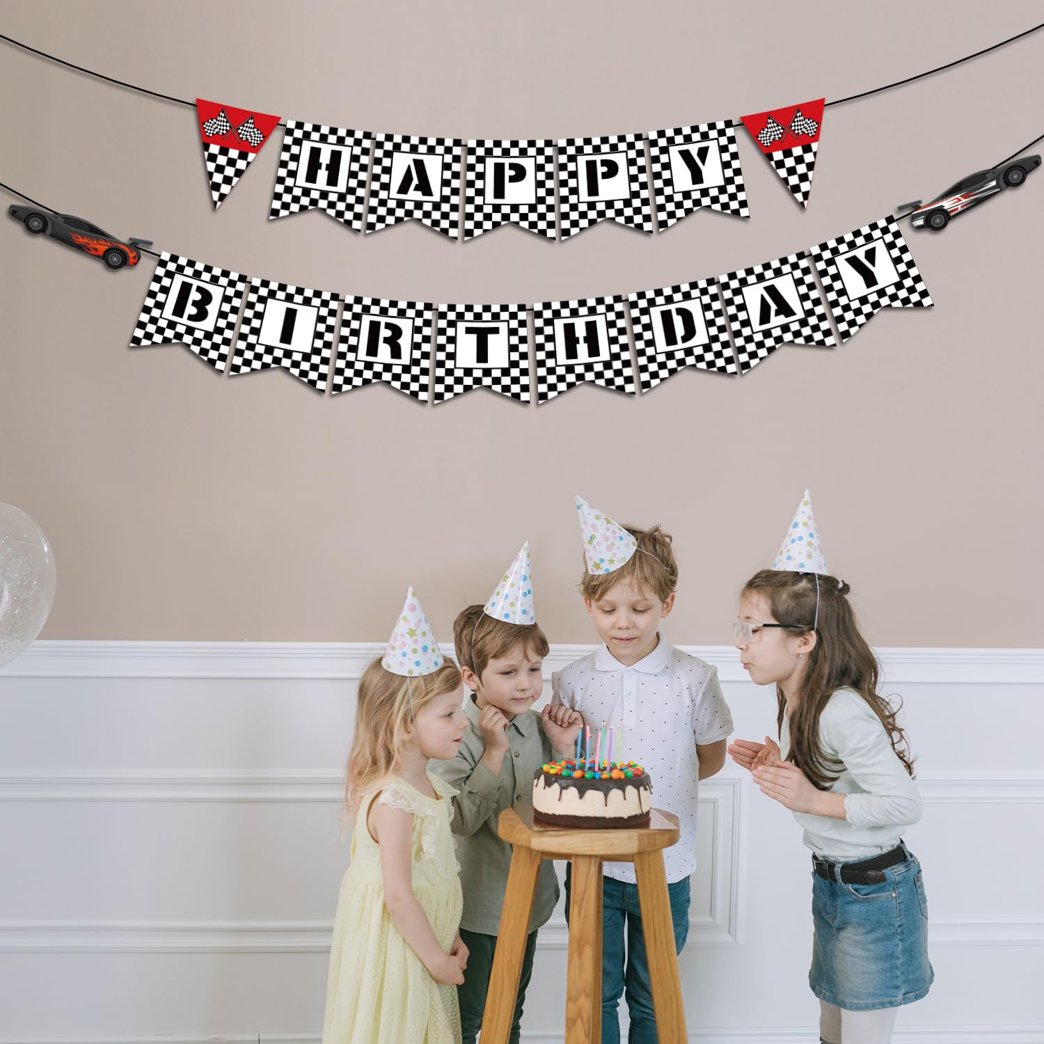 Race Car Birthday Banner, Black White Checkered Happy Birthday Banner Racing Themed Birthday Banner Race Car Party Decorations for Home Gardens Wall Office image number 2