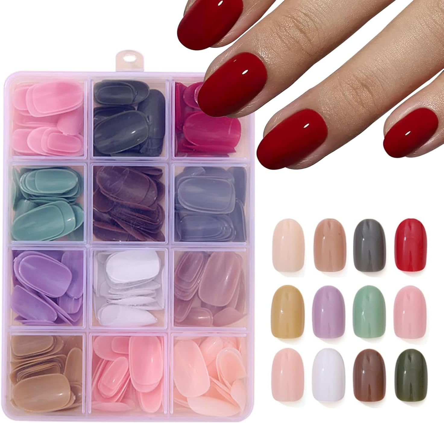 Press on Nails, 12 Colors 288PCS Medium Almond False Nails with 24 Sizes, Full Cover Press on Nails for Women, Lightweight Matte Natural Fake Nails for Nail Art Design (Almond)