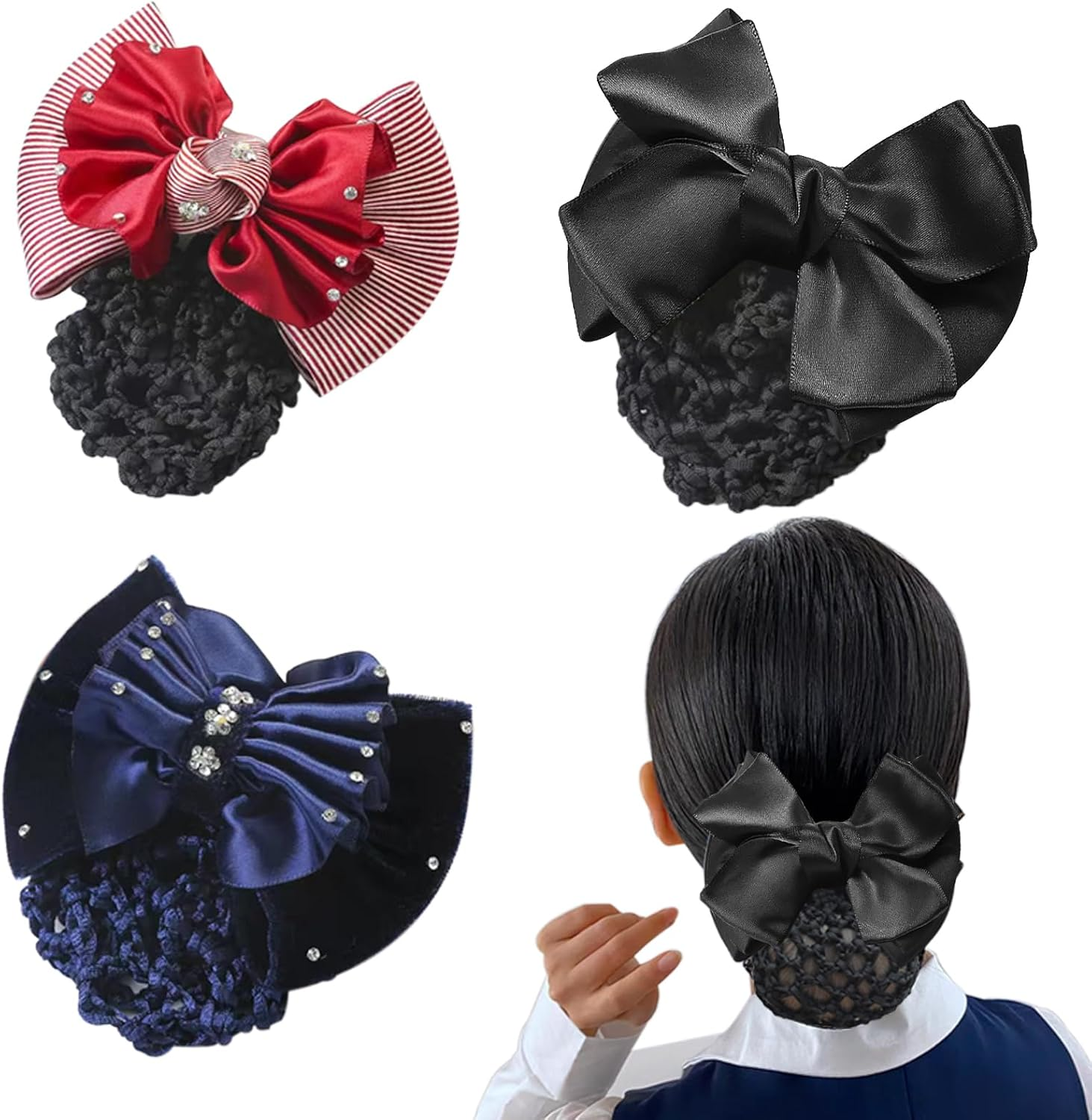TRADERPLUS 3 Pieces Hair Bun Net Hair Clips with Bow Hair Accessories for Hostess Bank Hotel Restaurant image number 4