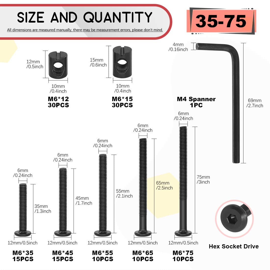 Hilitchi M6 120Pcs Black Hex Socket Head Screws Bolts Barrel Nuts Hardware Assortment Kit for Crib Baby Bed Furniture Cots and Chairs (35Mm/45Mm/55Mm/65Mm/75Mm-Assortment Kit) image number 4