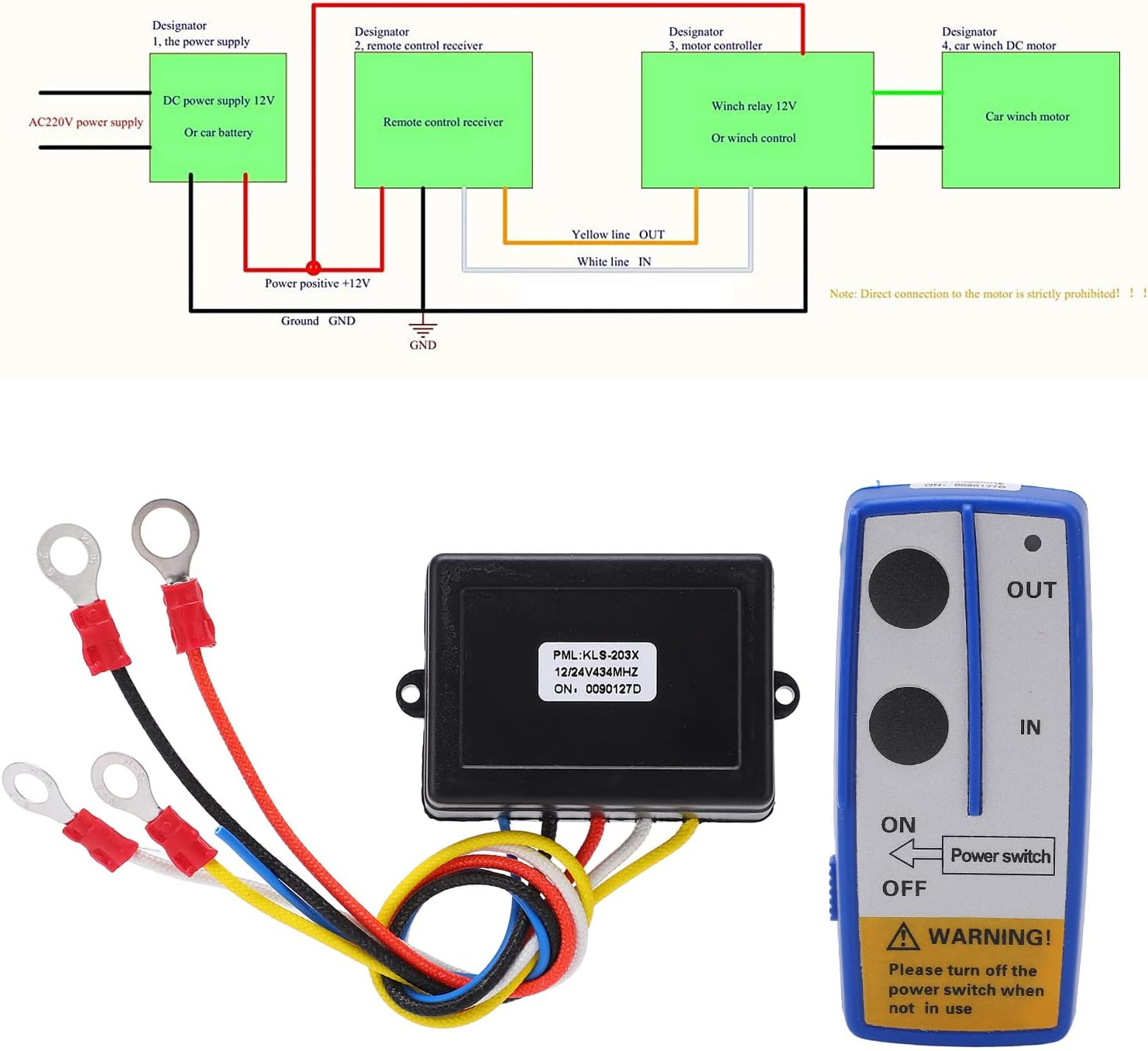 Handset Switch Controller, Easy Installation 12V 24V Portable 434MHZ Winch Wireless Remote Control Kit Heavy Duty with Indicator Light for Truck ATV SUV (Blue) image number 6