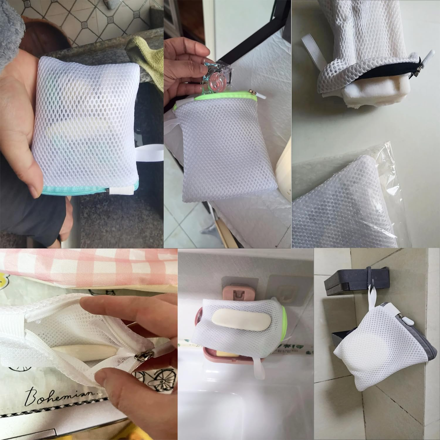 Utysty 3 Pack Soap Bags Soap Saver Bag Holder with Zipper Large Mesh Exfoliating Pouch for Shower Foaming Bath Moisture Beauty Bar Savon Cube Block Hotel Soap Bars Travel Paper Soaps Sheets Strips image number 5