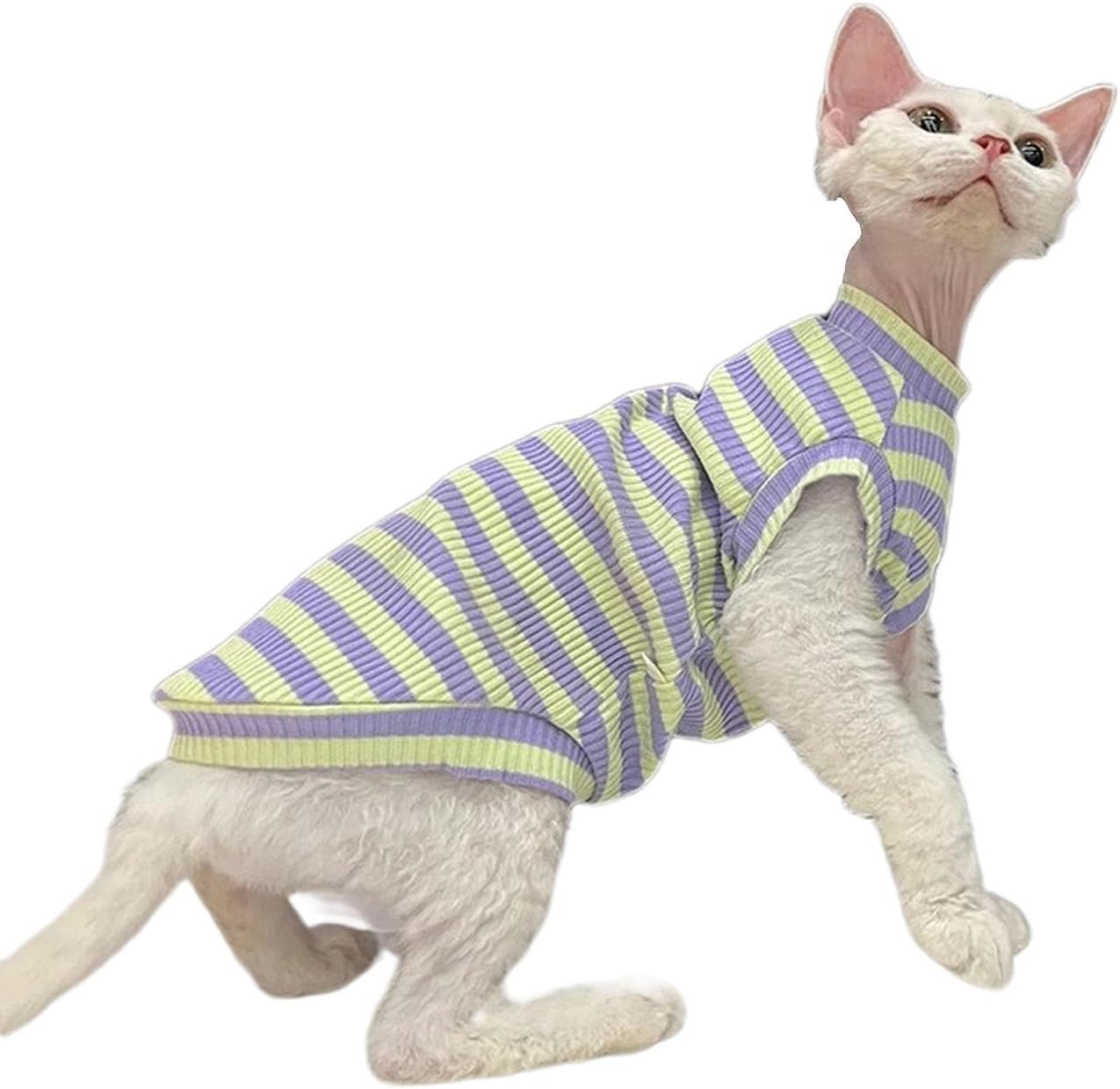 IUOUTG Sphynx Hairless Cats Clothes Striped Cat Shirts round Collar Cute Kitten T-Shirts Sleeveless Cotton Cats & Small Dogs Apparel for Cornish Rex, Devon Rex image number 3