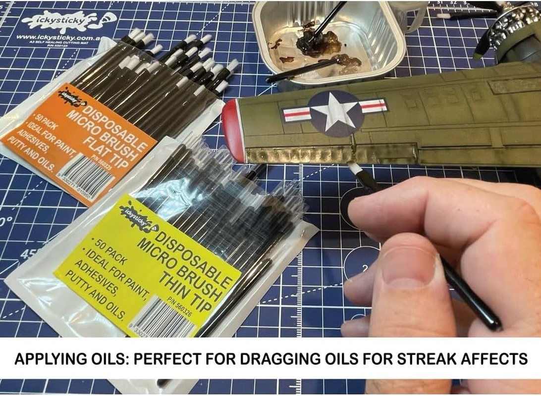 ICKYSTICKY Disposable Micro Brushes Flat TIP 50PK Craft, Touch Up, Paint, Adhesive, Glue, Oil, Hobby, DIY, Dispossable, Model Making, Decals, Airbrush, Cleaning. image number 1