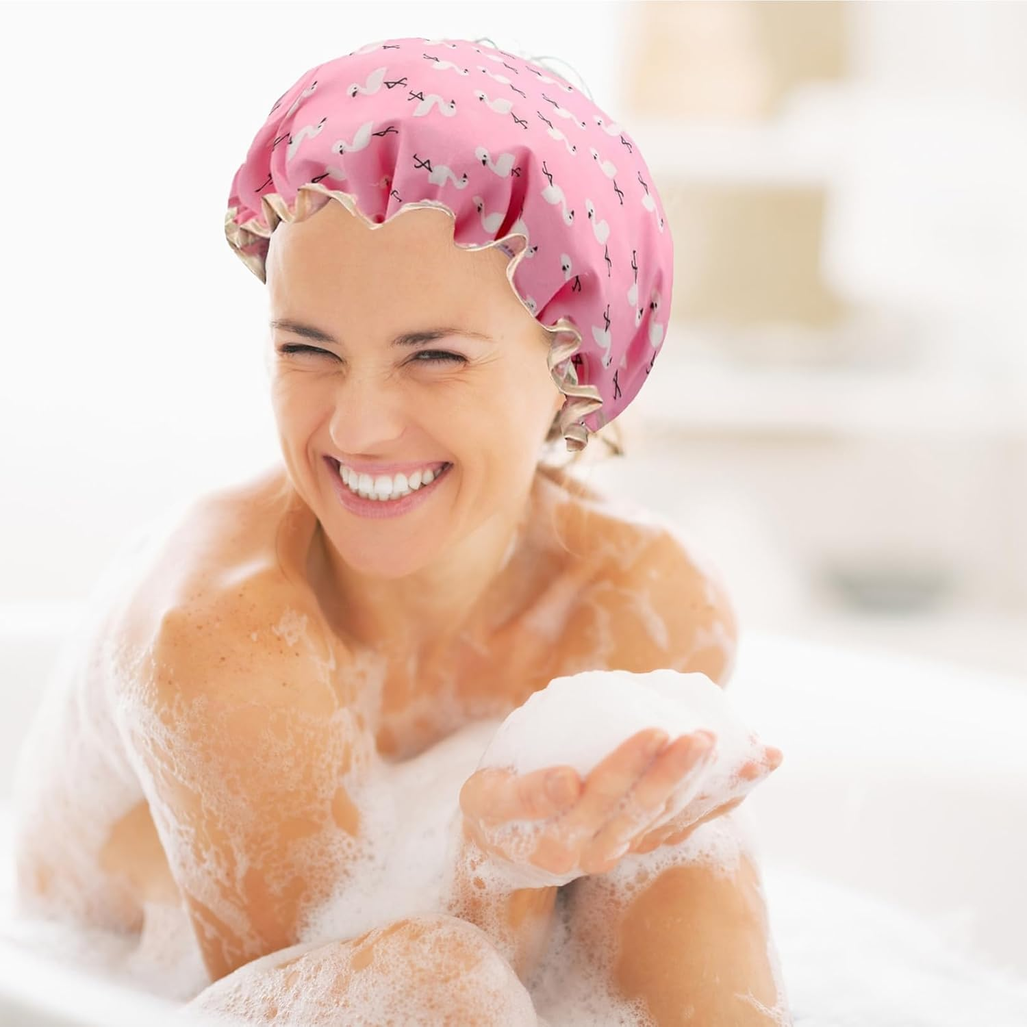 Pack of 2 | Shower Caps for Women, Double Layers Waterproof Bath Caps with Elastic Band, Reusable Shower Hat for Keeping Hair Dry Kitchen Oil-Proof Cap for Adults and Children image number 5