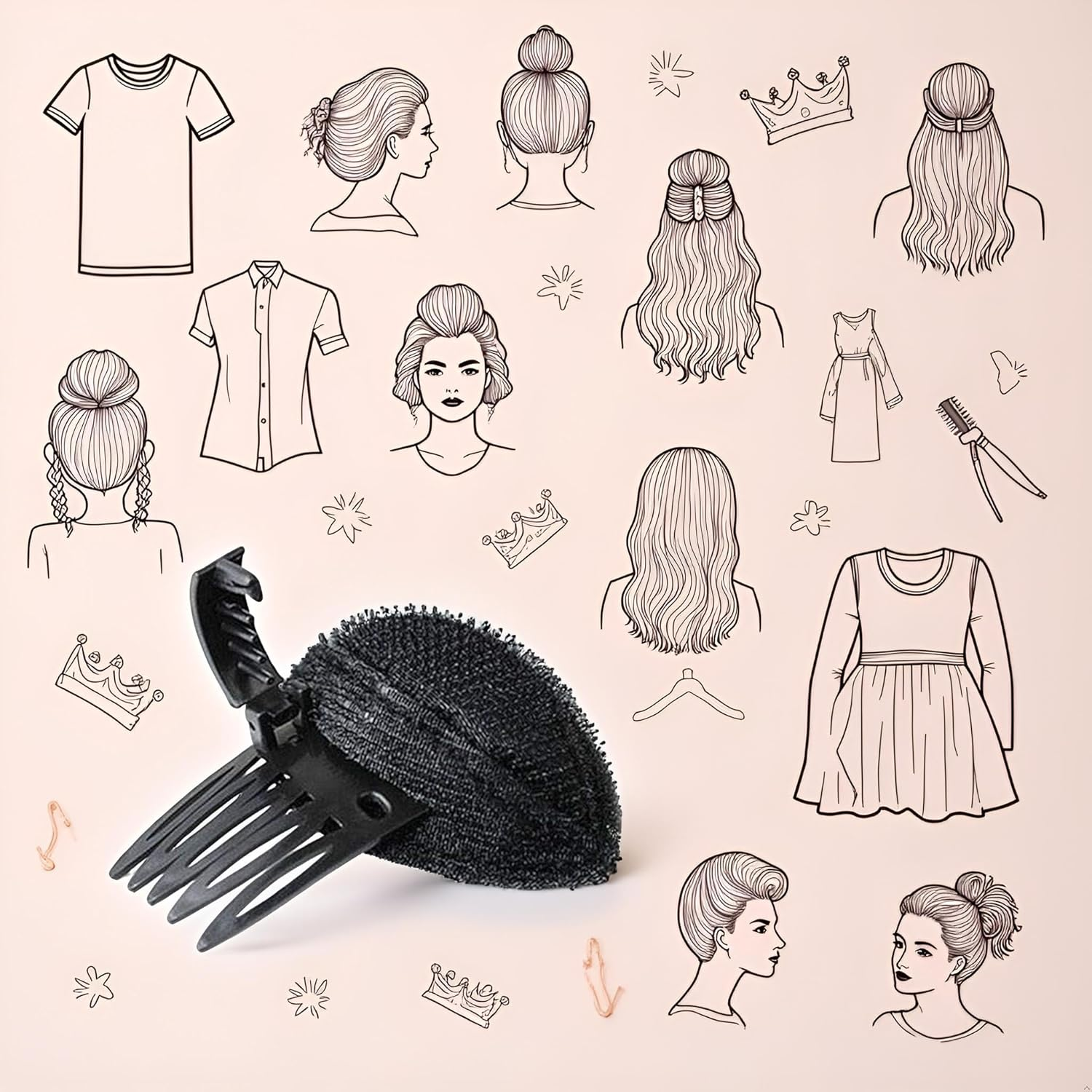 Black Puff Fluffy Hair Volume Clips Set - Hair Base Pads,Bun Shapers,And DIY Hairstyling Tools for Women and Girls,Hair Accessories,Bun and Crown Shapers image number 1