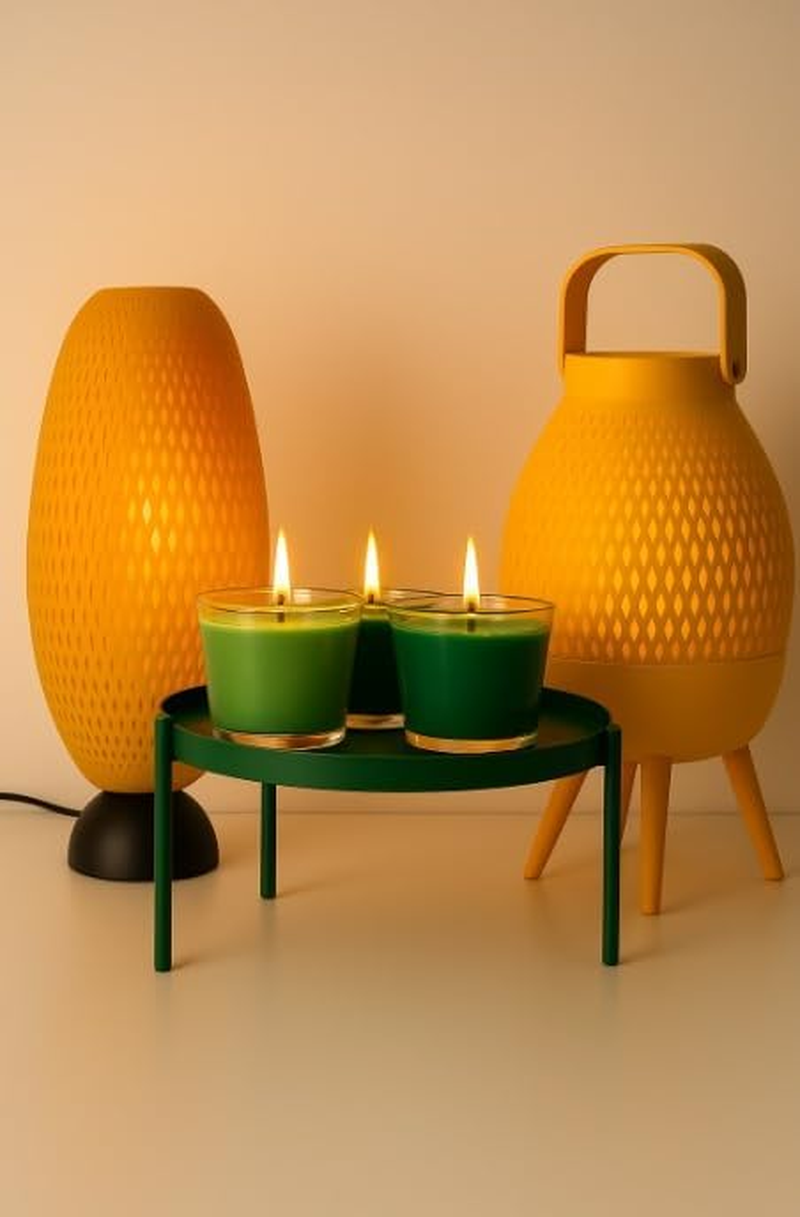 Bamboo Table Lamp Duo + 3 Scented Candles on White Tray Table &ndash; Japanese-Scandi Inspired Zen Decor Gift Set (Dark Gray-Green) image number 3