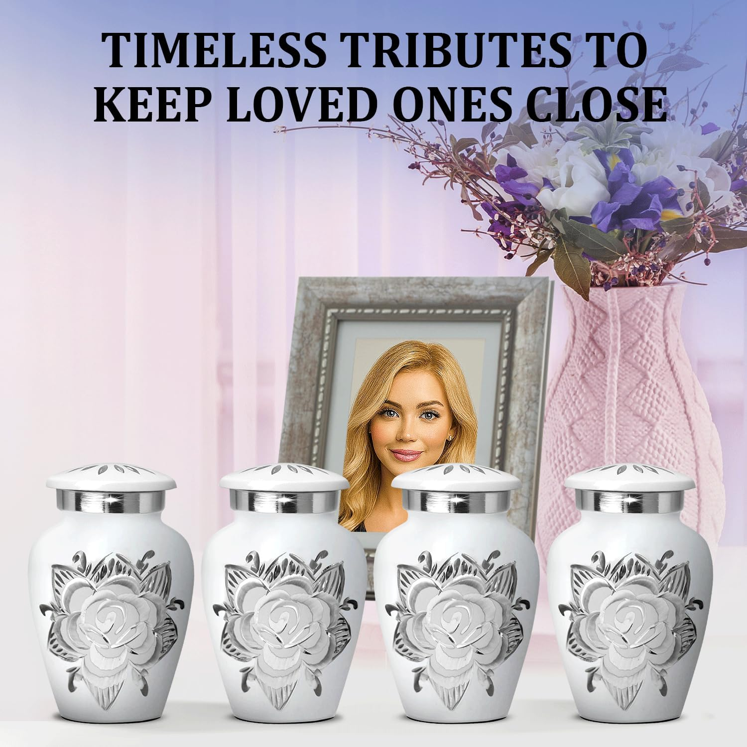 Small Urns for Human Ashes Keepsake - Mini Urn for Ashes Set of 4 - Honor Your Loved One with Handcrafted Memorial Rose Keepsake Urns for Women & Men (White, Set of 4) image number 1