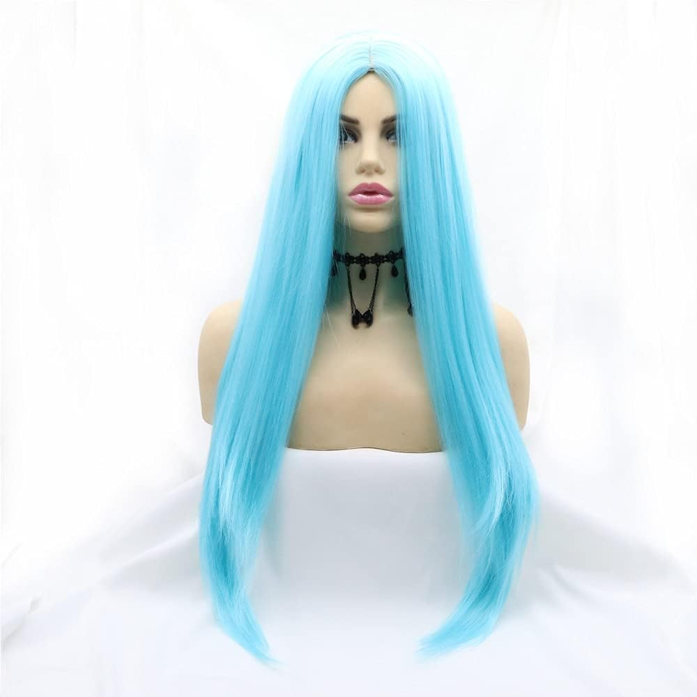 Xiweiya Wigs Long Straight Aqua Blue Synthetic Machine Made Wig Silky Full Heat Resistant Fiber Hair Middle Part Wig Free Wig Cap for Women 24 Inch for Family Makeup Party Cosplay image number 6