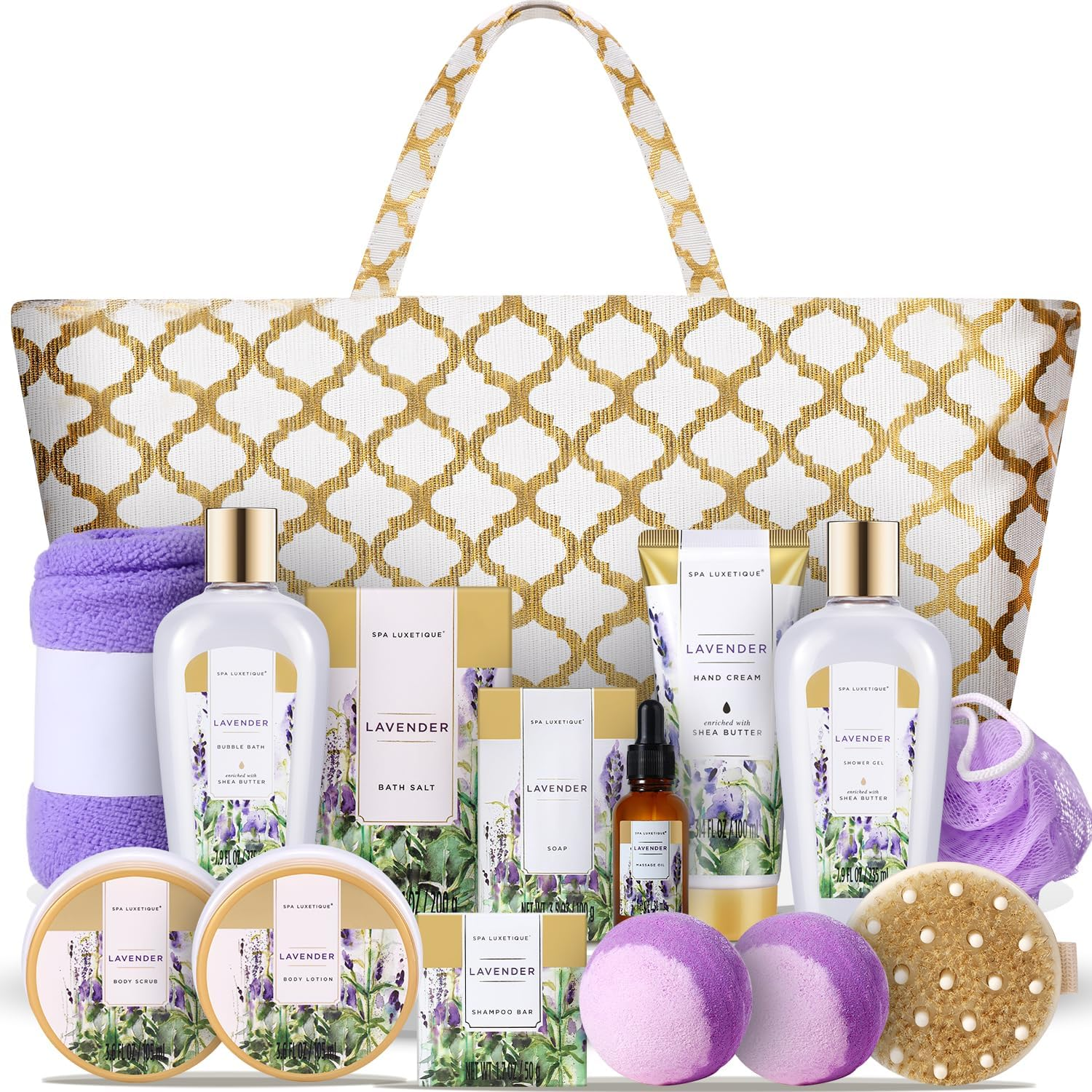 Gift Baskets for Women Spa Gifts for Women 15Pcs Lavender Home Spa Kit for Women Gifts Spa Luxetique Bath and Body Gift Sets Tote Bag Gifts for Women Birthday Gifts for Women Gifts for Women
