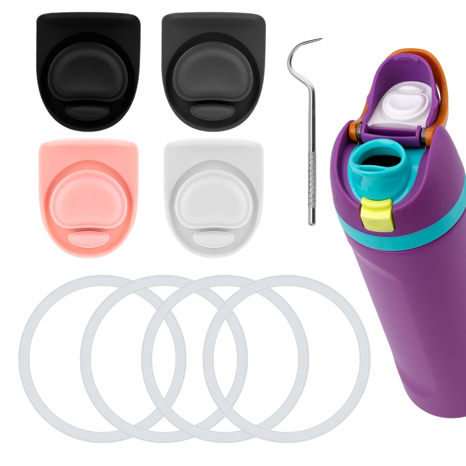 9Pcs Water Bottle Replacement Parts Compatible with Owala Freesip, Water Bottle Seal Ring & Replacement Stopper for Owala 16/19/24/25/32/40Oz Gasket Plug Accessories Bpa-Free (White)