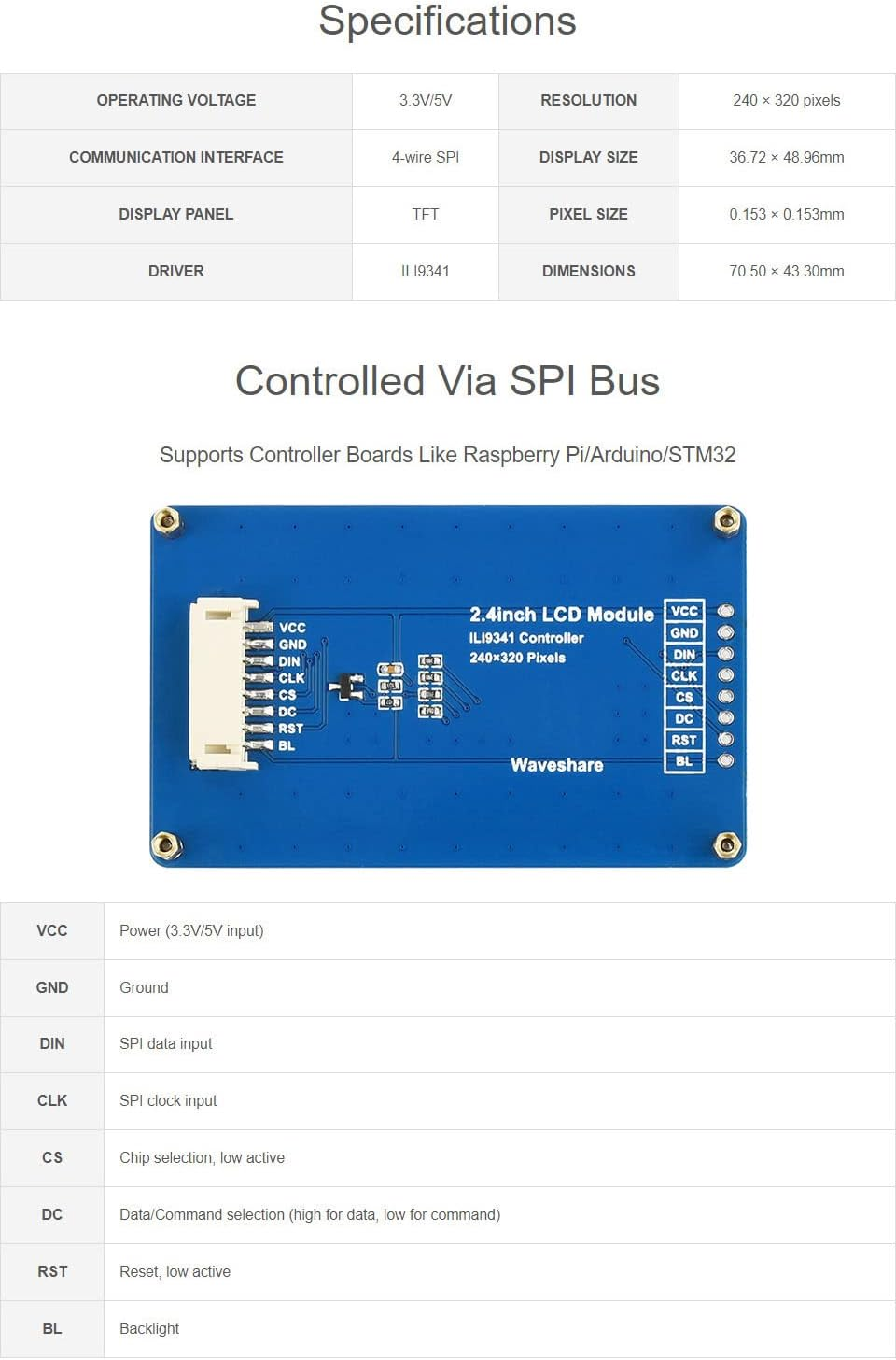 Waveshare 2.4Inch LCD Mini Display Module 65K RGB Colors 240&times;320 Resolution SPI Interface - 2Inch Lcd Module image number 4