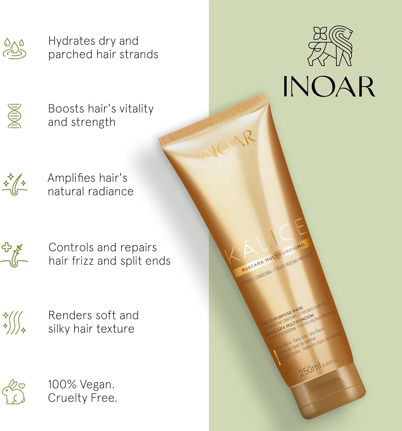 INOAR &ndash; Kalice Mask, Moisturizing Hair Mask, 7 Essential Oils, Vitamin E, Argan Oil, Moisturizing, Nourishing, Vegan Hair Product, Cruelty Free Haircare for Men and Women (8.4 Oz.) image number 6