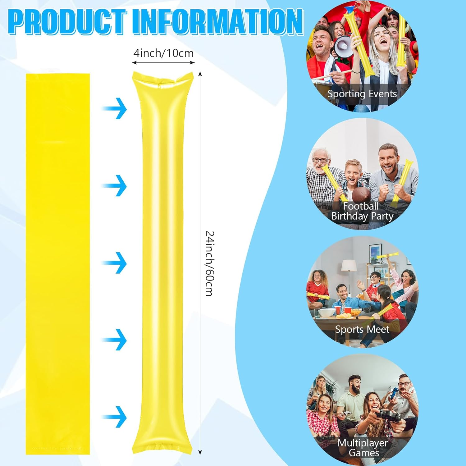 ZCYSRLQIN 50 Pcs Thunder Sticks Thicken Sporting Cheerleading Team Boom Sticks Cheering Sticks Plastic Clapper Inflatable Noise Makers Sporting Cheers Basketball Football Events Dance Party (Yellow) image number 6