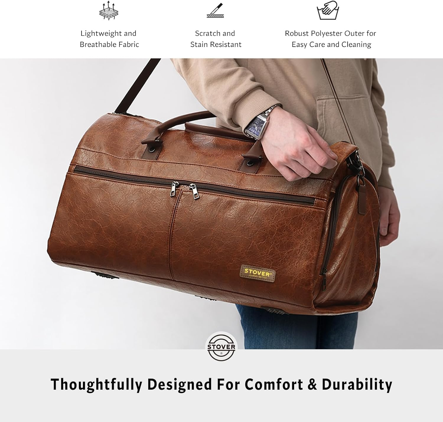 STOVER Garment Travel Duffle Bag, Large 2-In-1 Convertible Carry-On Luggage for Men & Women- Hanging Suits, Dresses & Clothes + Shoe Compartment- Weekender Tote Combo Duffel, Leather Brown, Garment image number 1