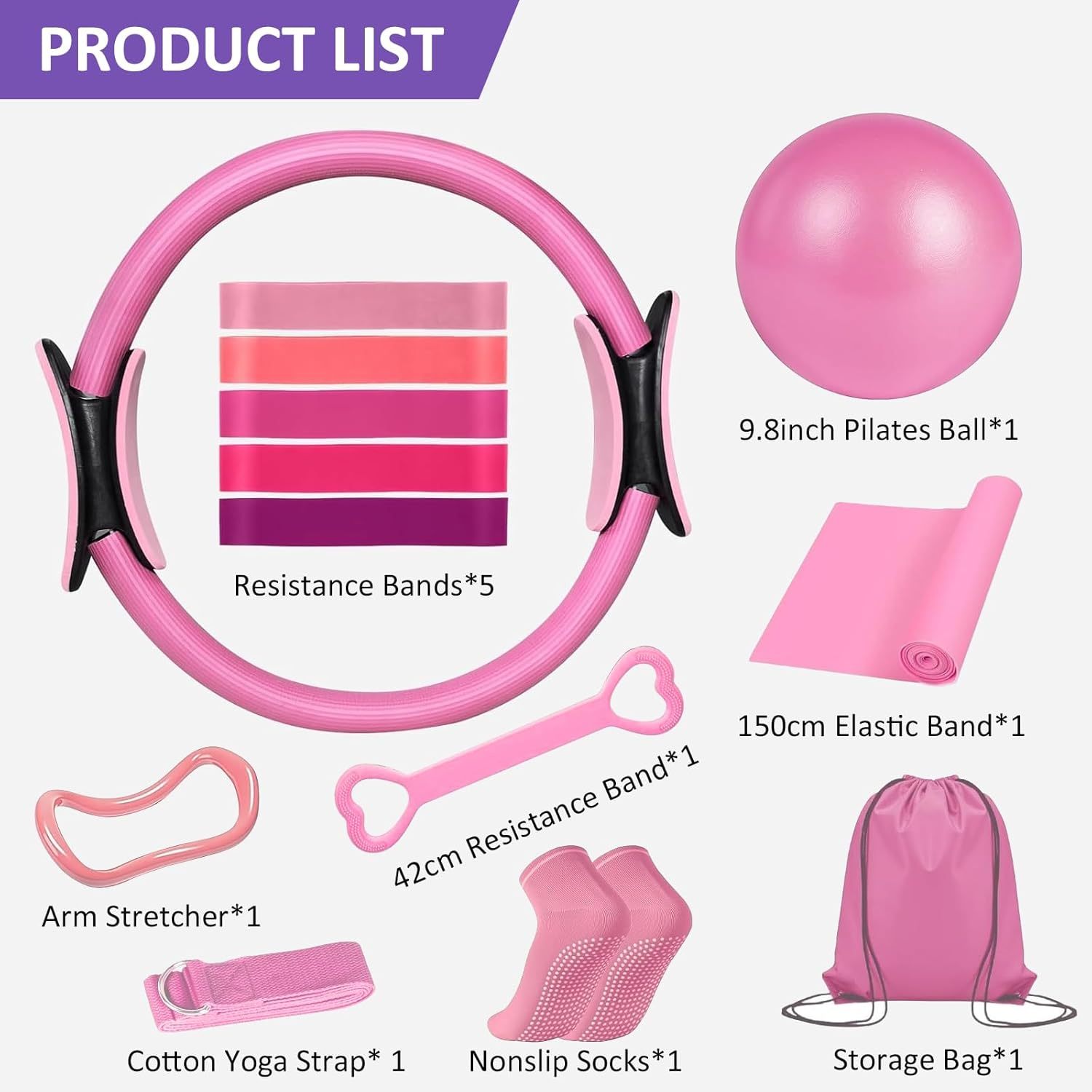 Pilates Ring Essentials Kit for Women, Home Workout Equipment Set with 9.8&rdquo; Ball, Resistance Bands, Magic Circle, Accessories, Pilates Set for Beginners - Purple image number 2