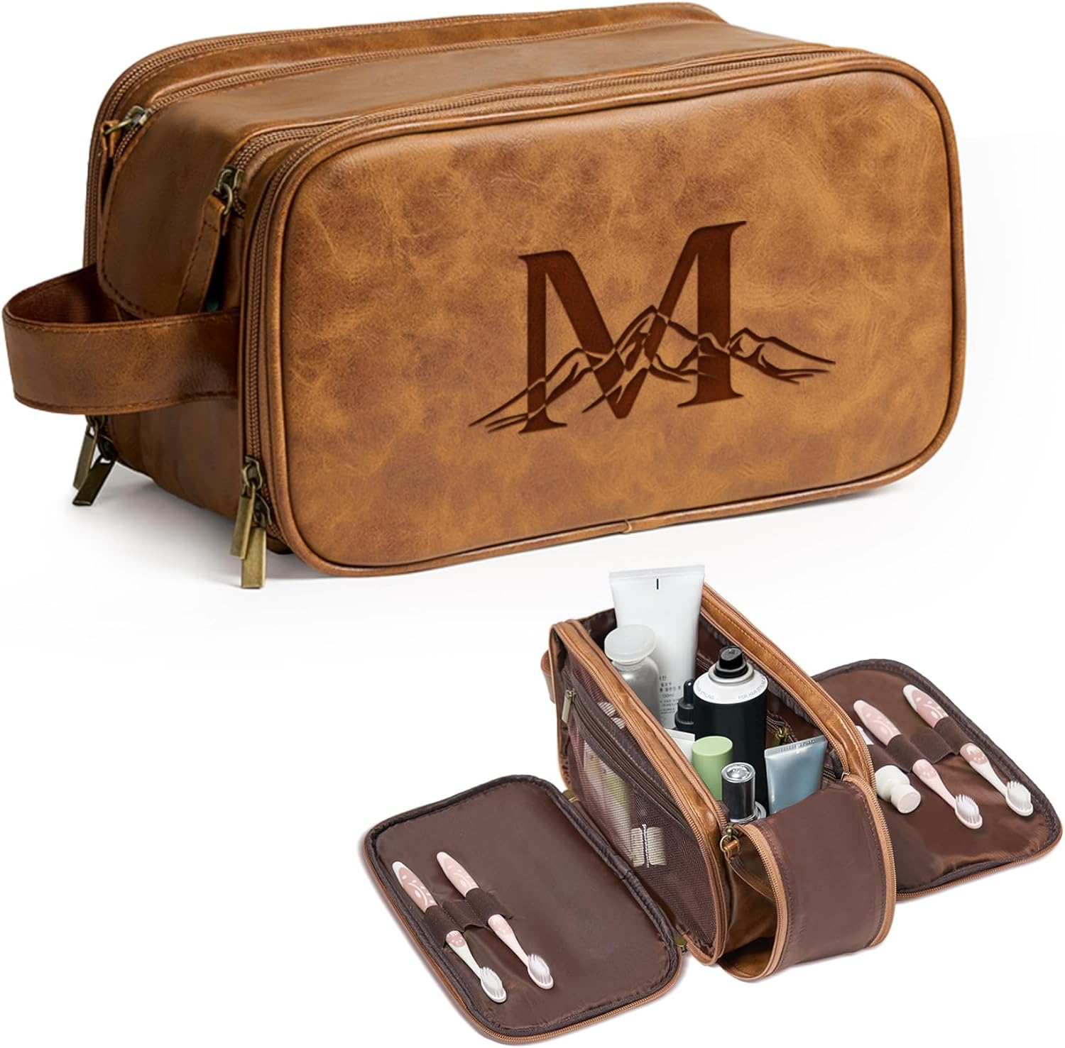 Janhavi Toiletry Bag for Men Waterproof, Groomsmen Gifts Personalized Leather Engraved Initials & Mountain, Mens Toiletry Travel Bag, Anniversary Gifts for Men, Travel Tssentials, Brown, M image number 6