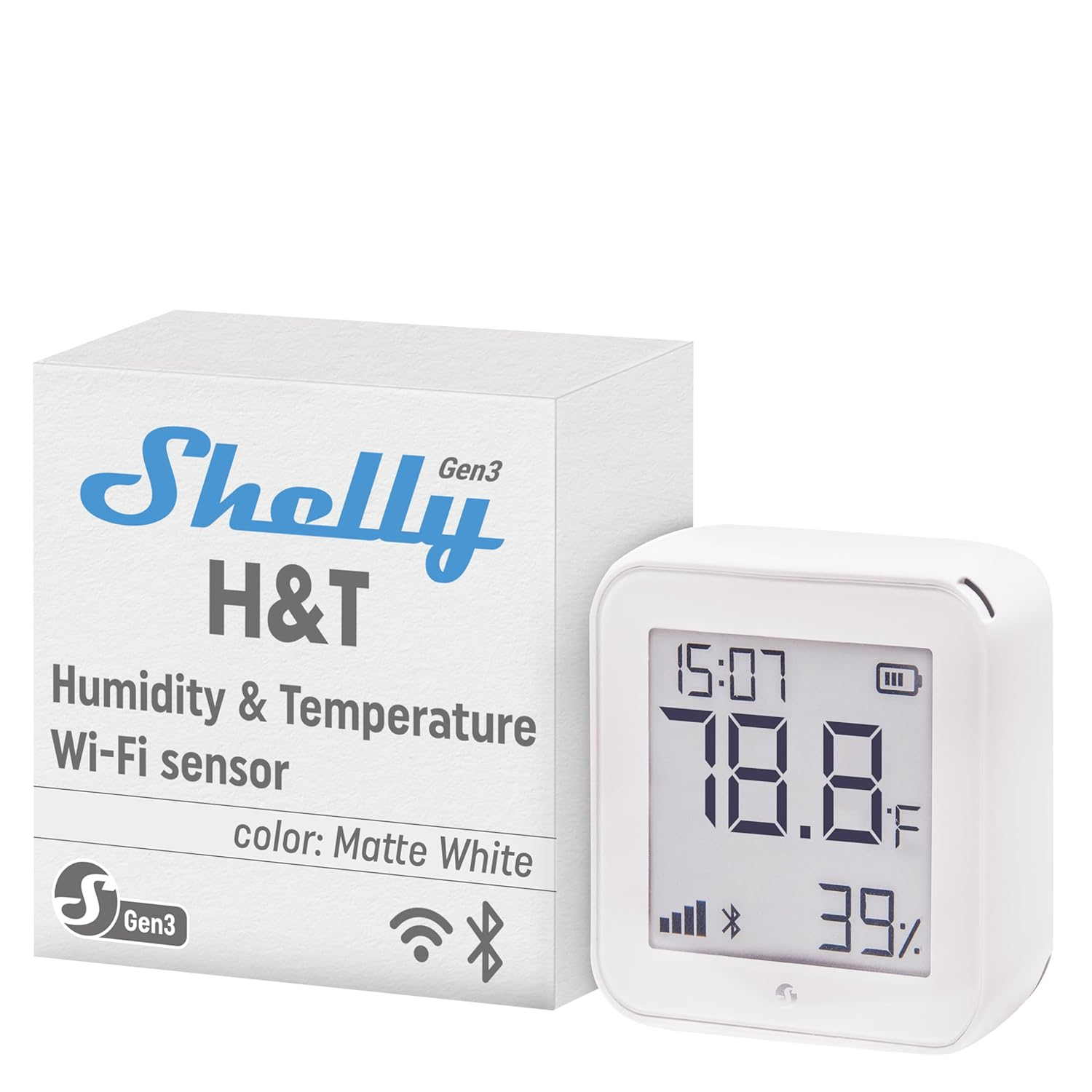 Shelly H&T Gen 3 White Wi-Fi and Bluetooth Temperature & Humidity Sensor Home Automation No Hub Required Long Battery Life Wall Mountable image number 1