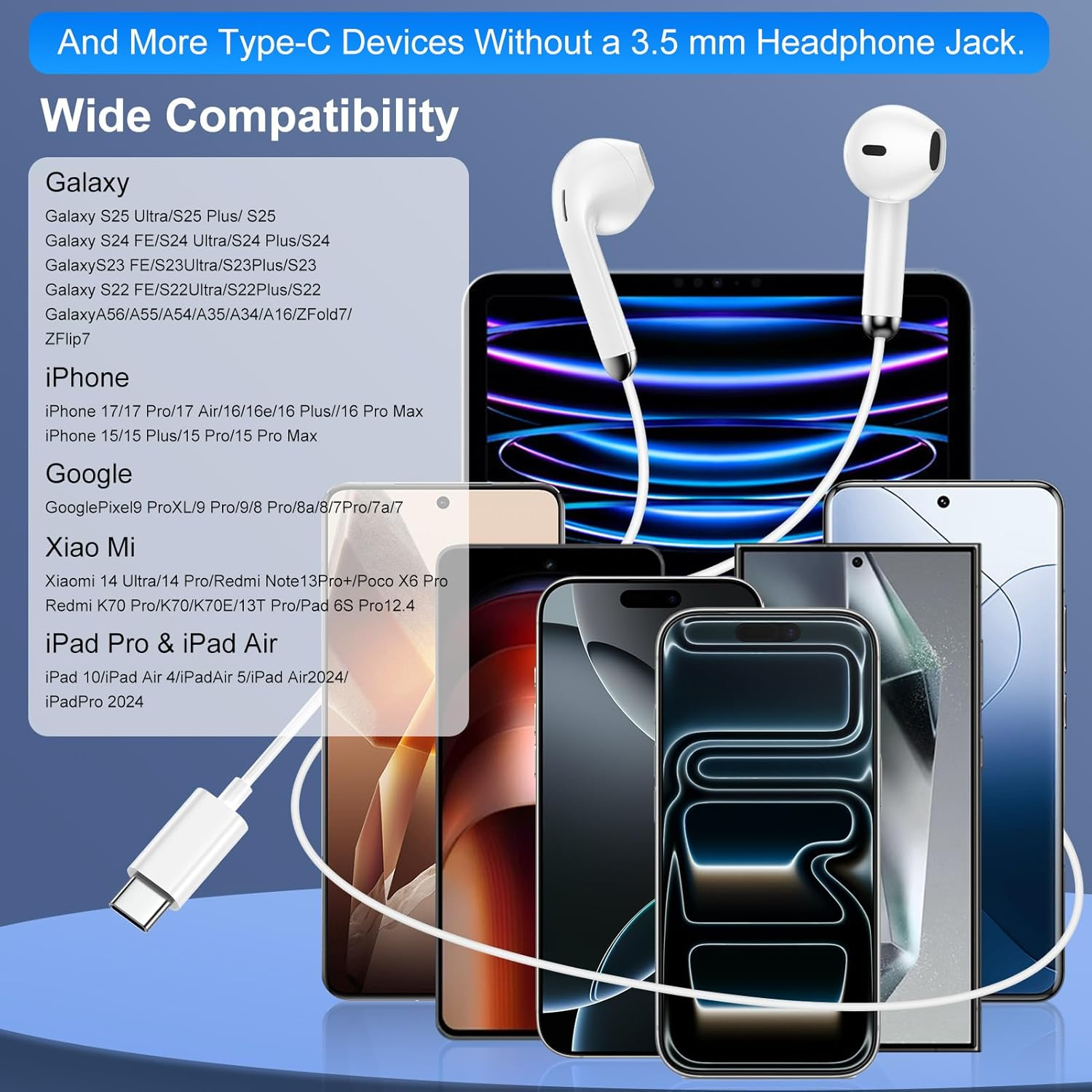 USB C Headphones with Cable for Samsung Galaxy S25 Ultra S24 S23 S22 S21 A17 5G A16 A36 A56 A55, In-Ear Headphones USB C Headset with Microphone Earphones Type C for Iphone 17 Air 16 15 I Pad Pro image number 4