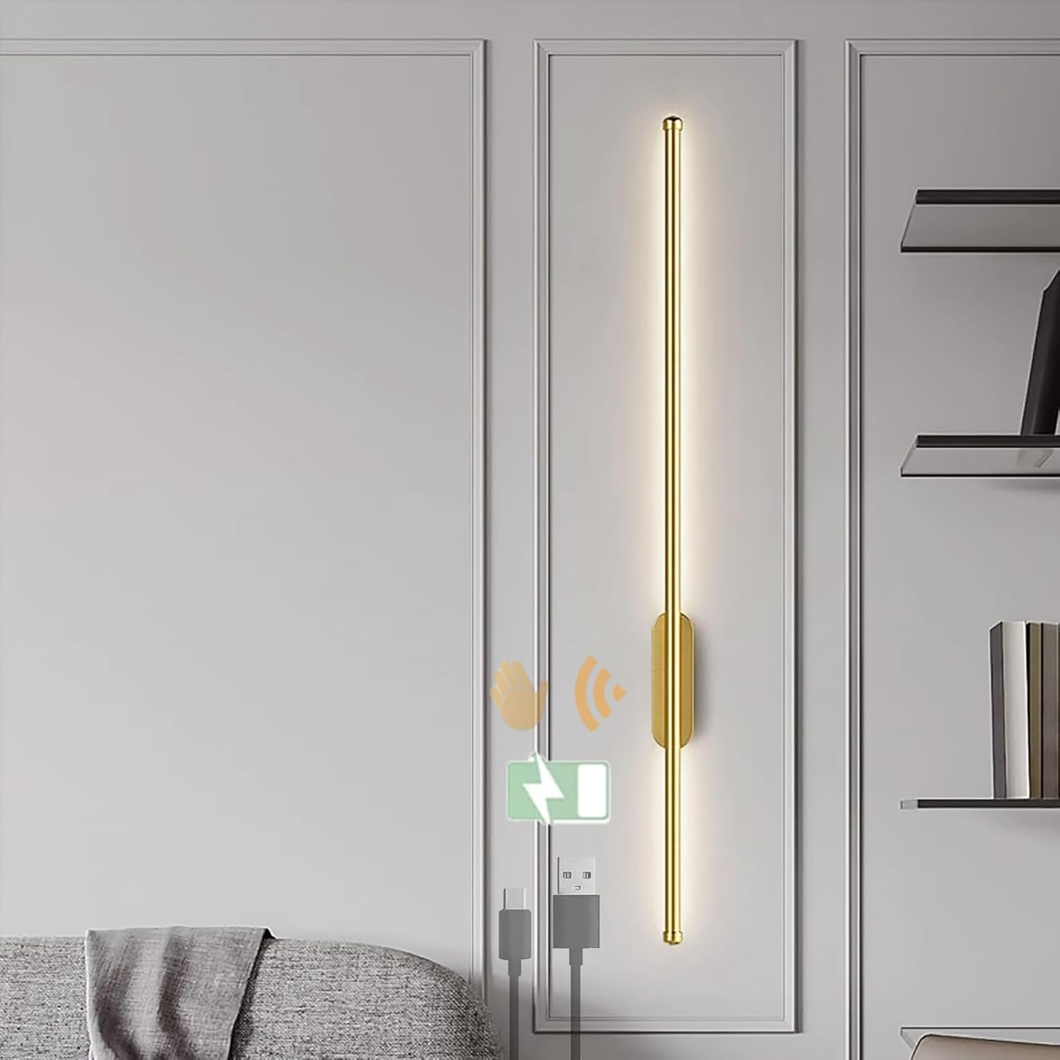 Battery Operated Wall Lights with Hand Sweep Motion Detector USB Rechargeable Wall Sconces Indoor Kitchen Charging Wall Lighting Metal Wireless LED Night Lamp for Bathroom (120Cm,Gold Neutral Light) image number 6